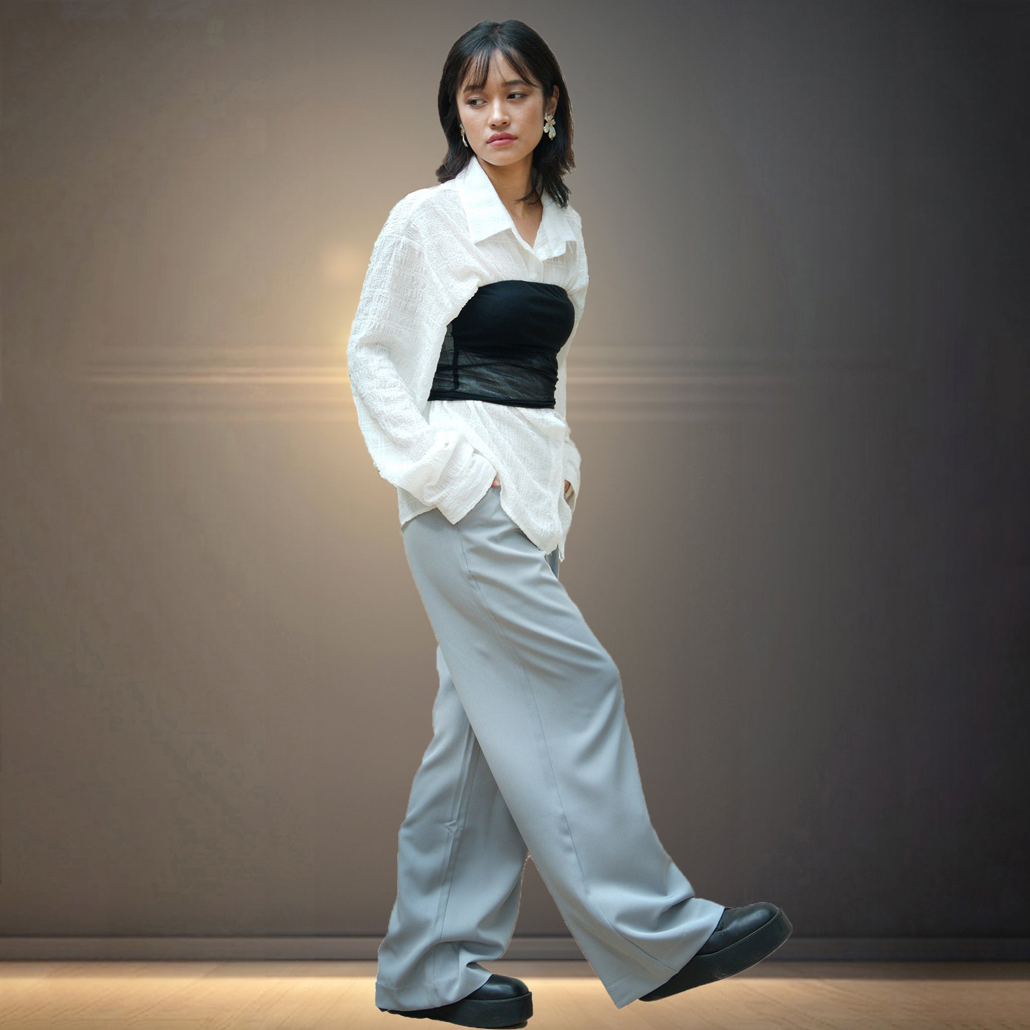 IZF Pleated Korean Baggy Pants for Women - Grey