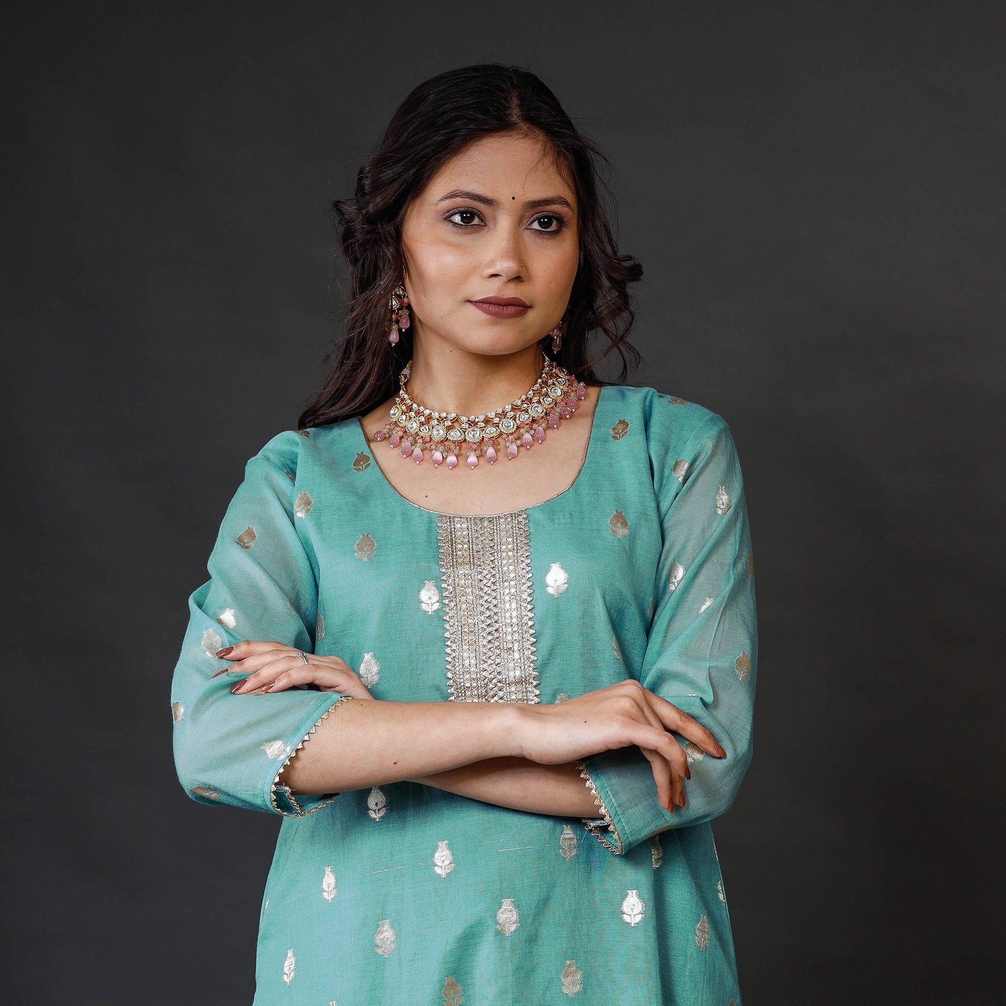 ITOKRI CASUALS Aqua Green Banarasi Silk Zari Work Kurta with Palazzo & Dupatta Set - view 4