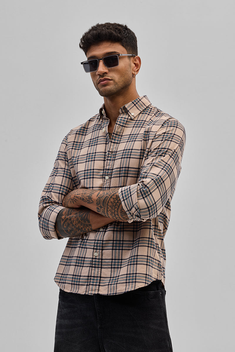 SNITCH Beige Checks Slim Fit Shirt