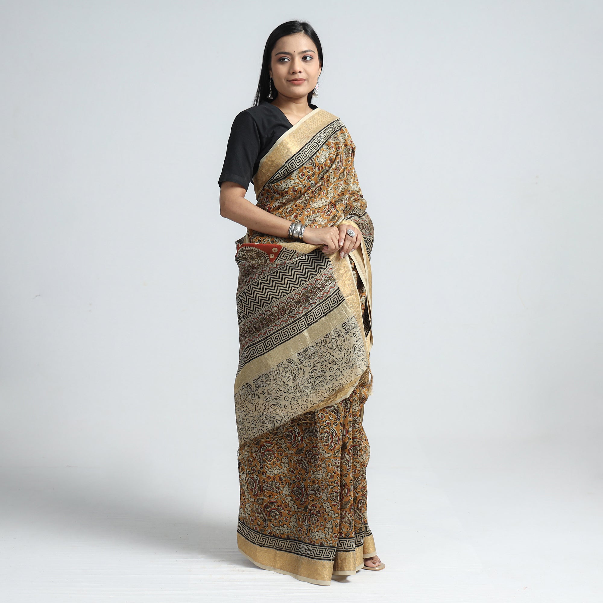 VENKATA BHANU KALAMKARI PEDANA Brown - Original Pedana Kalamkari Block Print Silk Saree