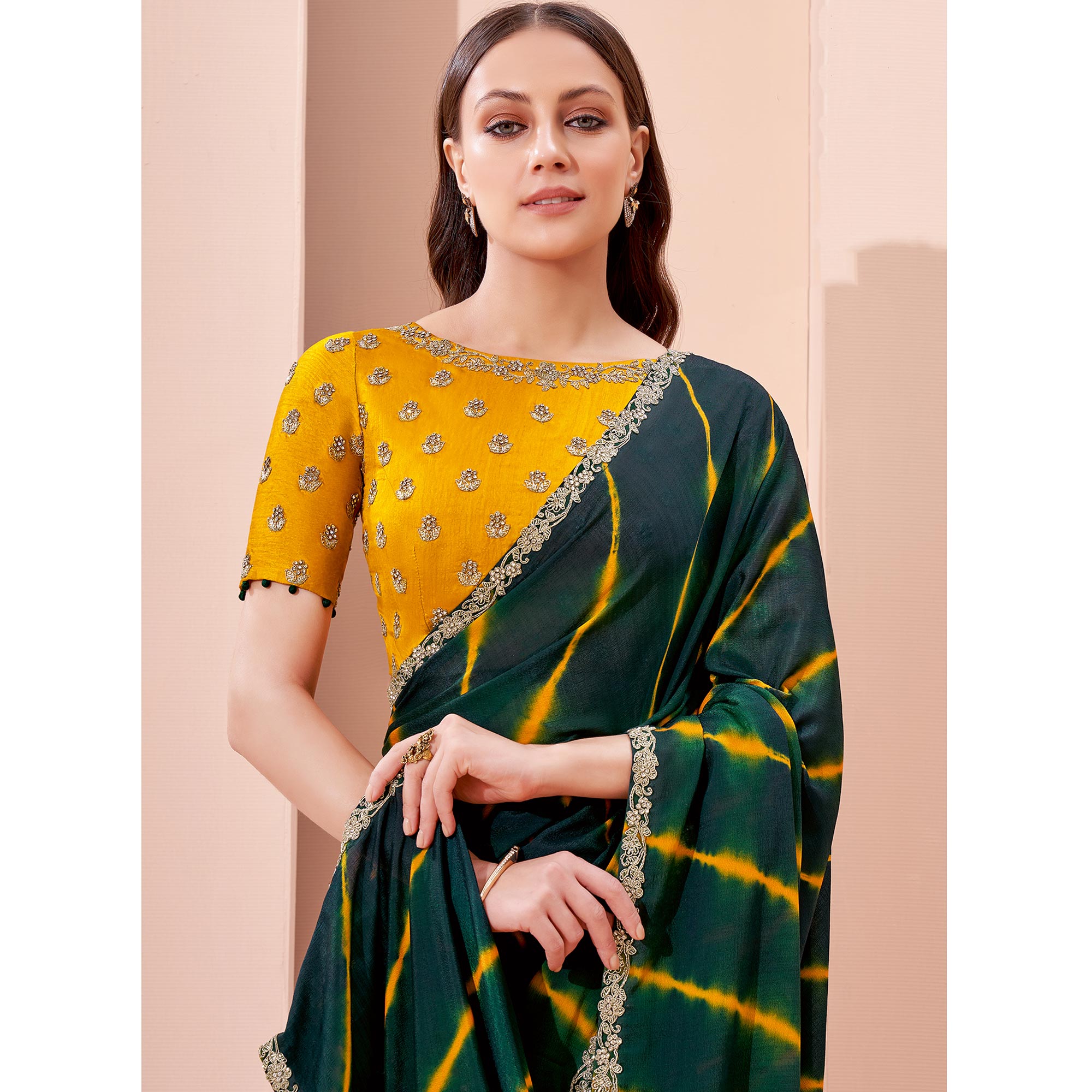Peachmode Bottle Green Printed With Embroidered Georgette Saree - view 4