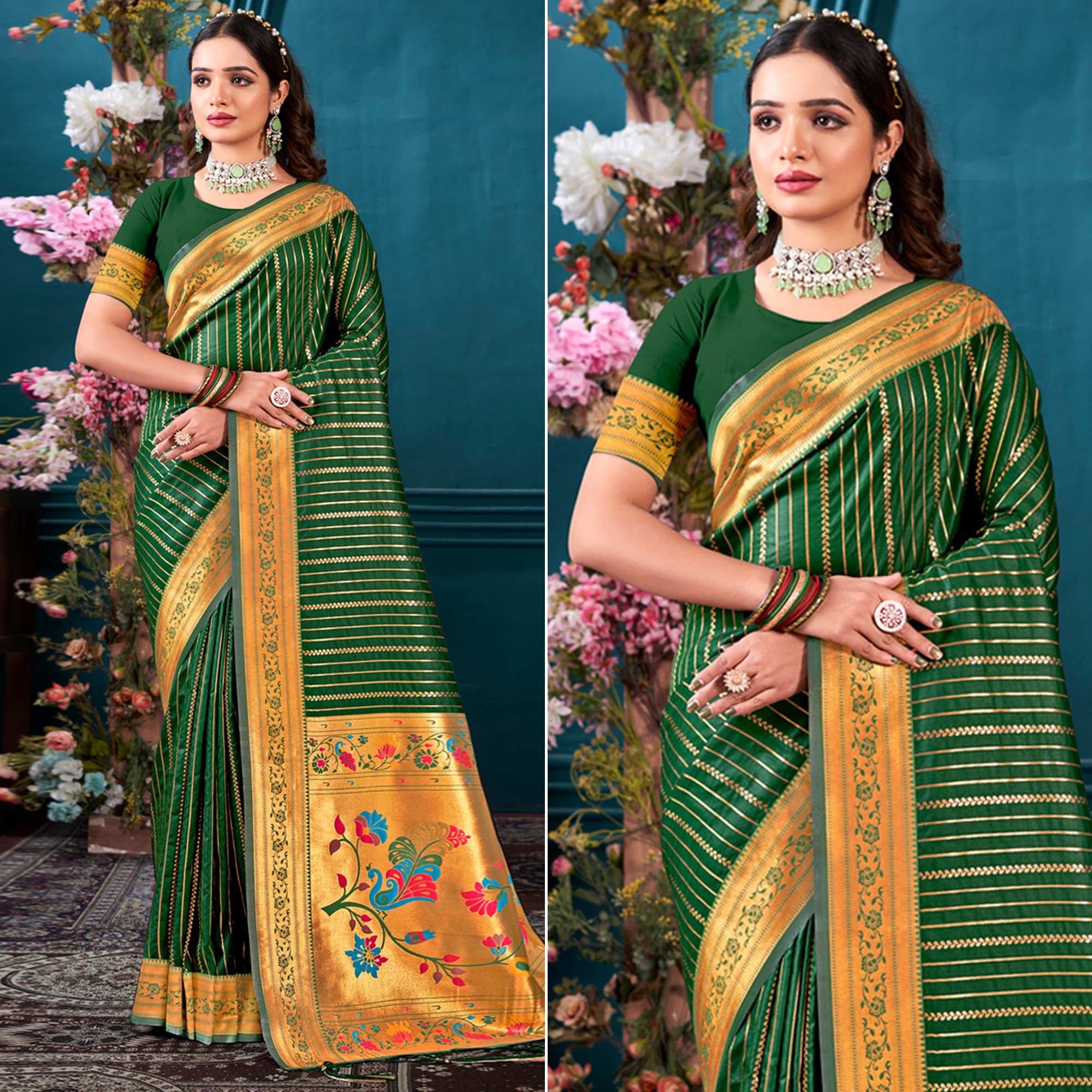 Peachmode Dark Green Woven Paithani Raw Silk Saree With Tassels
