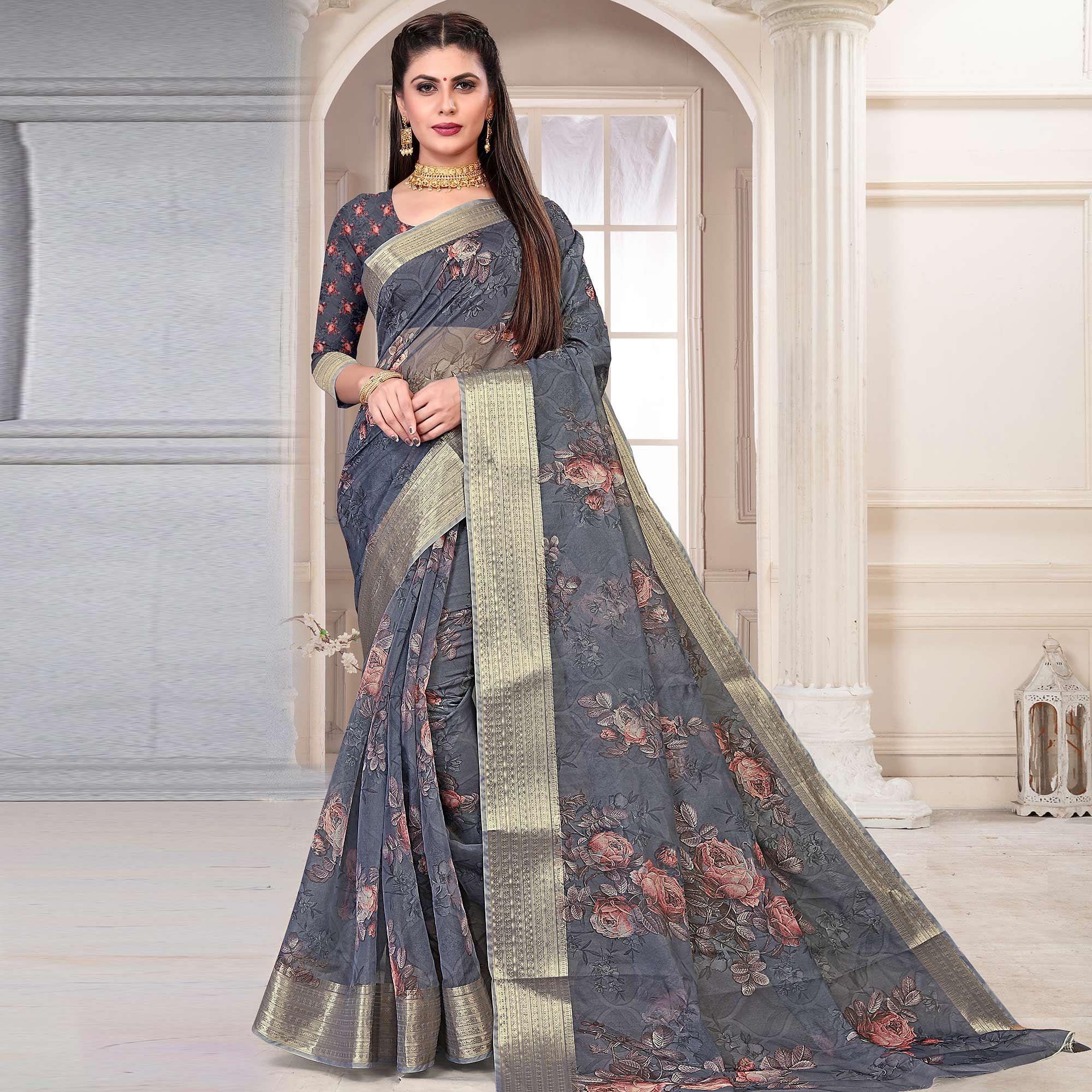 Grey sarees – BlackTree grey-party-wear-floral-digital-printed-with-jacquard-border-soft-georgette-saree-111689