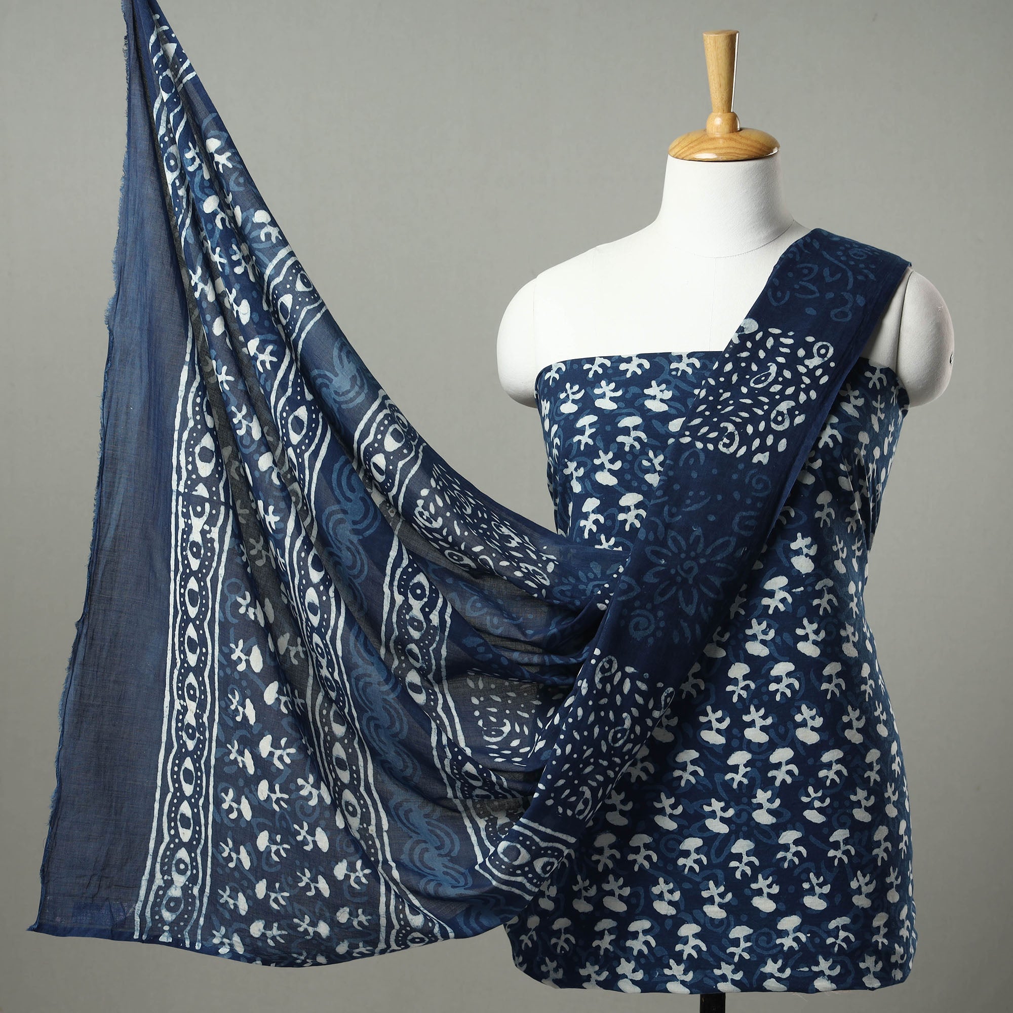 ARTISAN HAND BLOCK PRINTS Blue - 3pc Indigo Bagru Block Print Cotton Dress Material Set 05