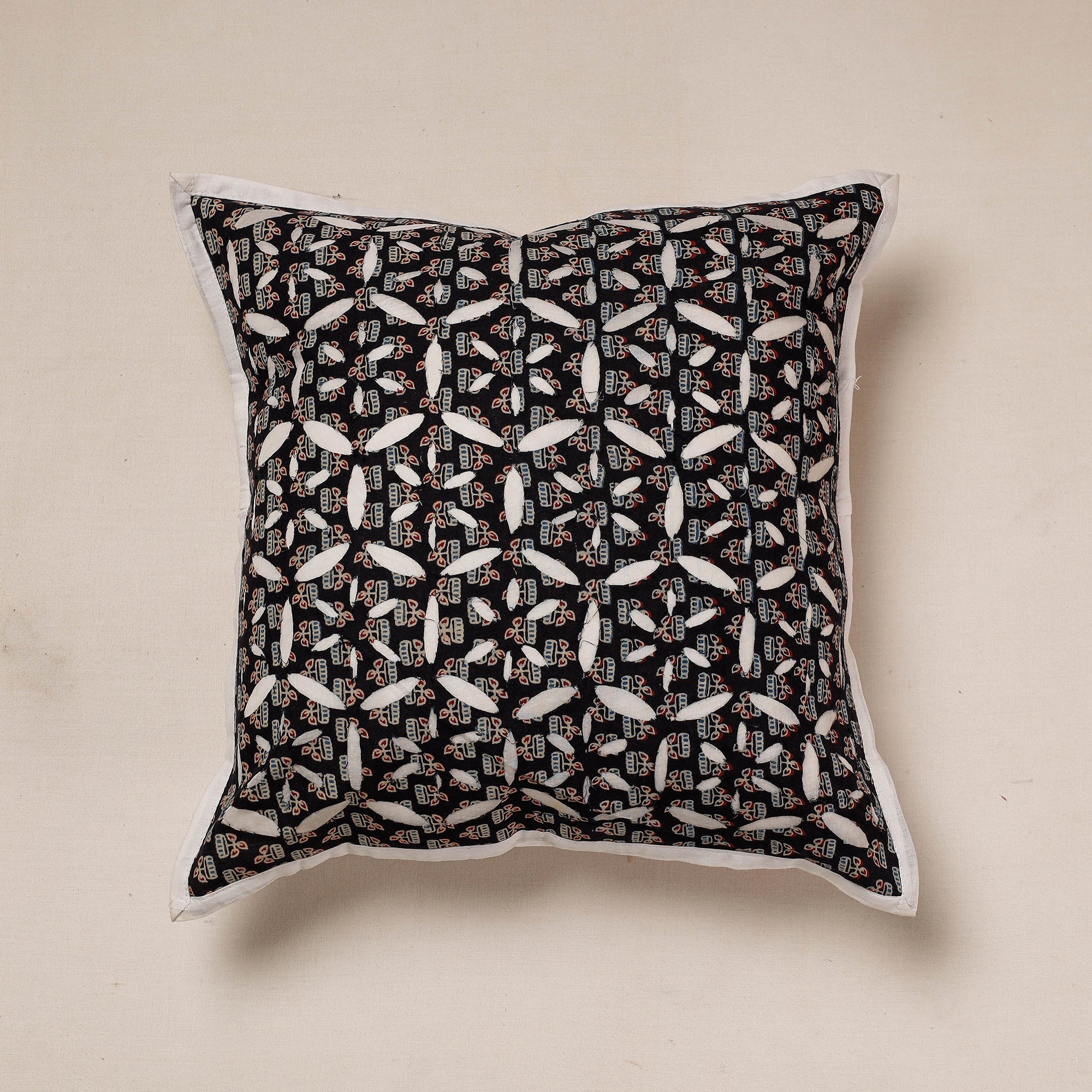 SHADES OF MARUDHARA Black - Cutwork Cotton Applique Cushion Cover (16 x 16 in)