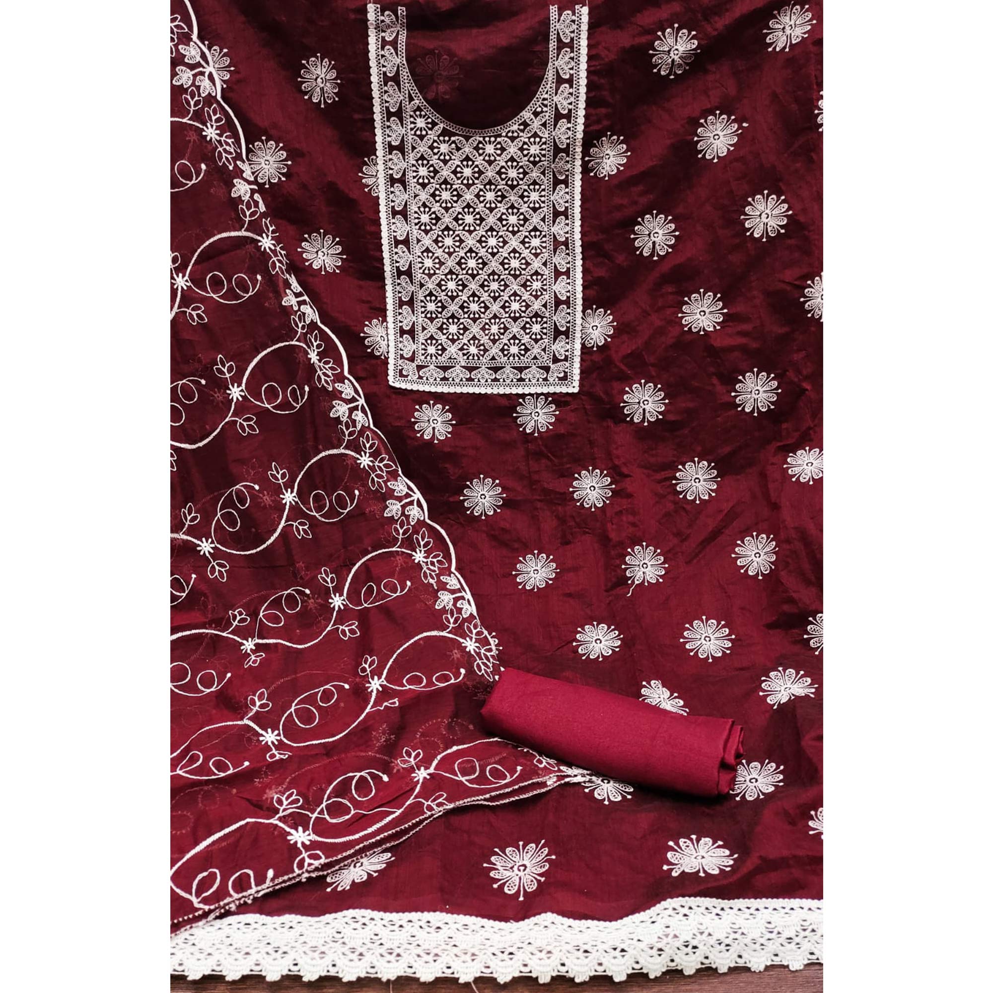 Peachmode Maroon Floral Embroidered Chanderi Dress Material - view 4