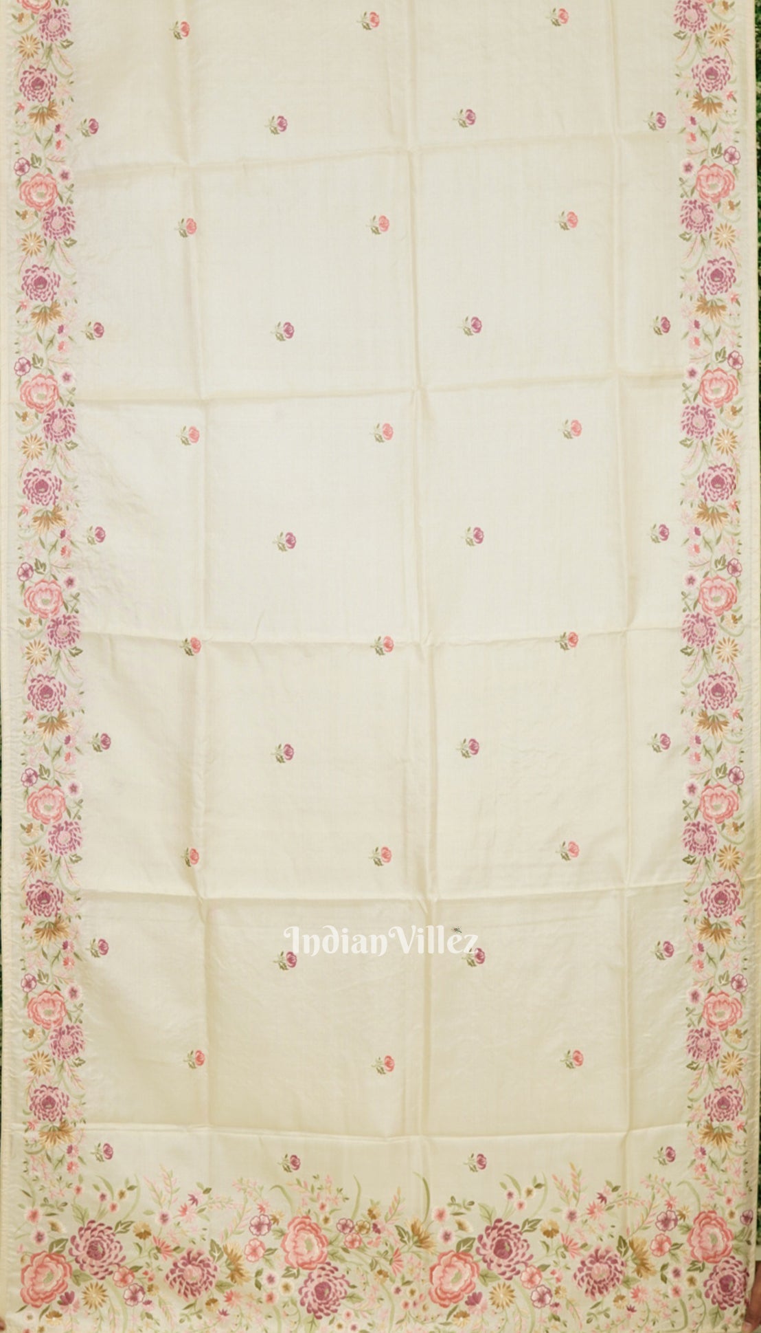 IndianVillèz White Tussar Floral Motif Hand Embroidered Saree