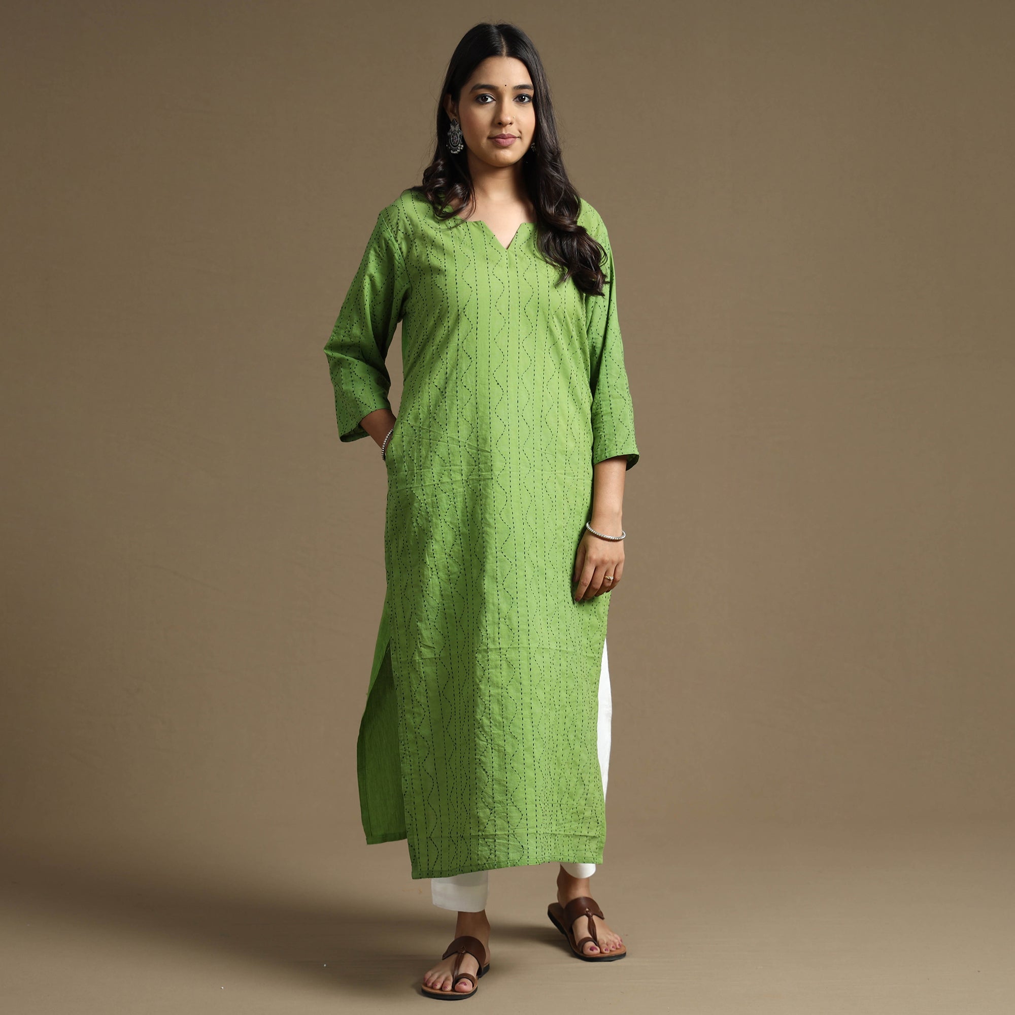 ITOKRI CASUALS Apple Green Plain Cotton Tagai Work Long Kurta - view 3