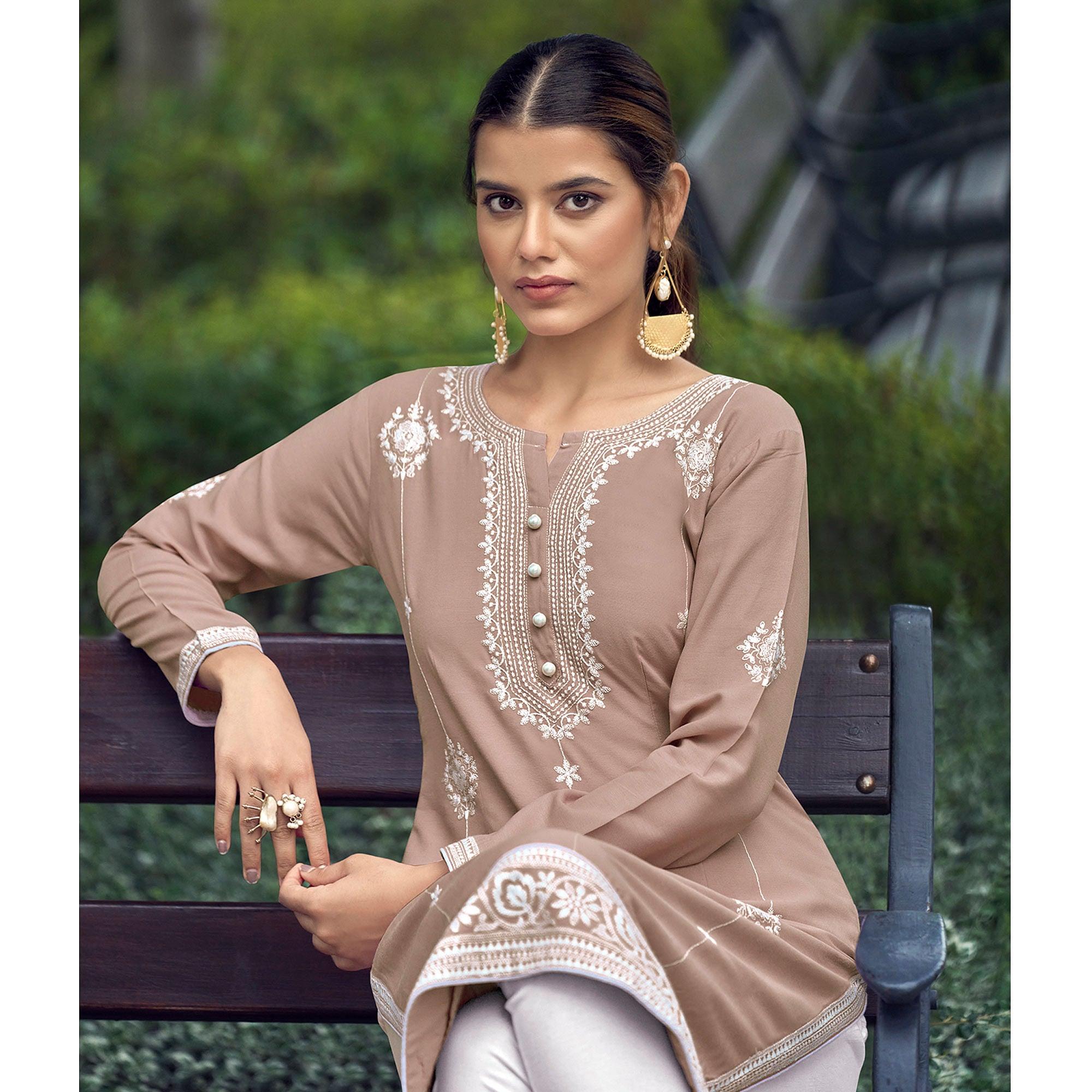 Peachmode Seller Coffee Lakhnawi Work Rayon Kurti - view 3