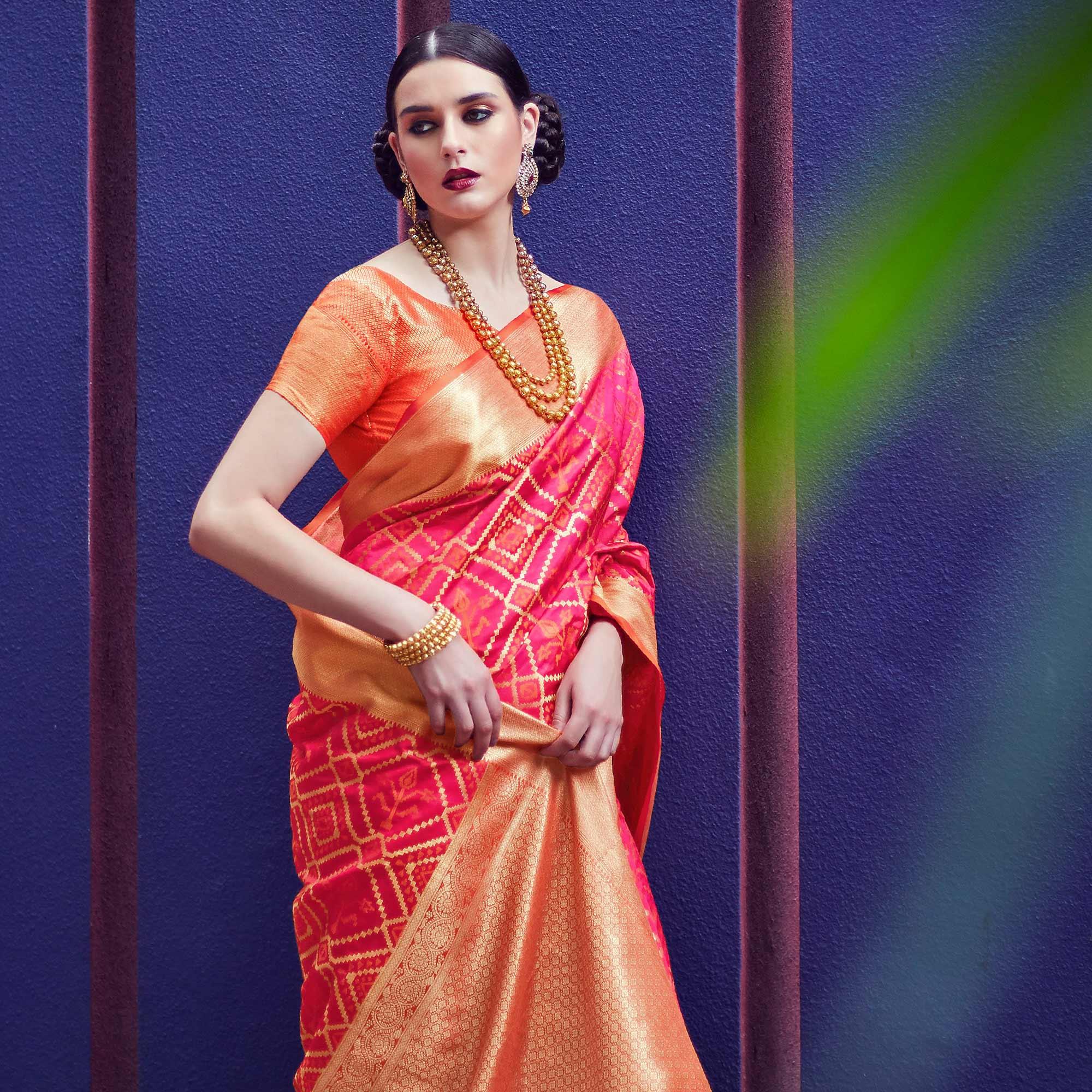 Peachmode Energetic Pink Colored Festive Wear Woven Indian Patola Silk Saree - view 2