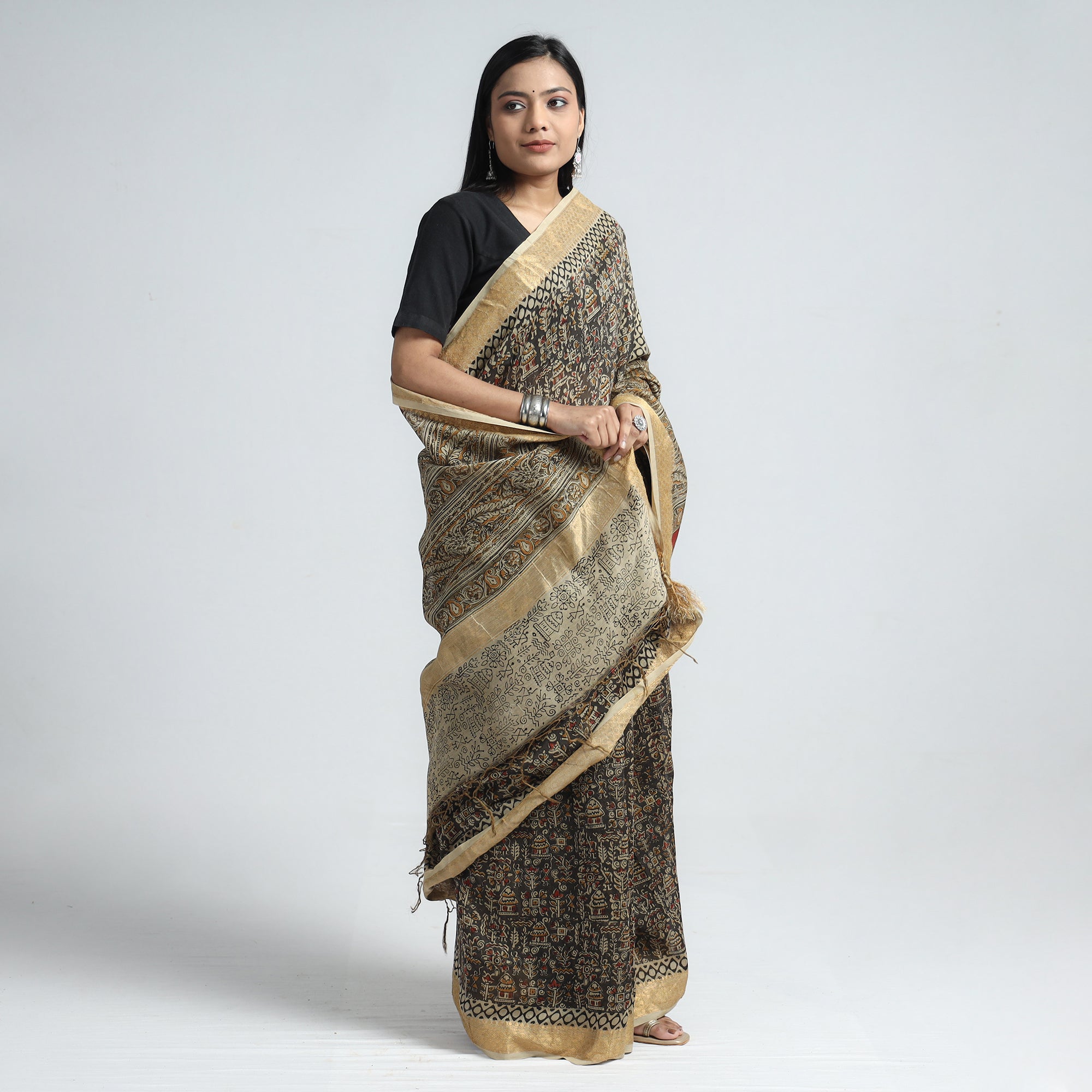 VENKATA BHANU KALAMKARI PEDANA Black - Original Pedana Kalamkari Block Print Silk Saree