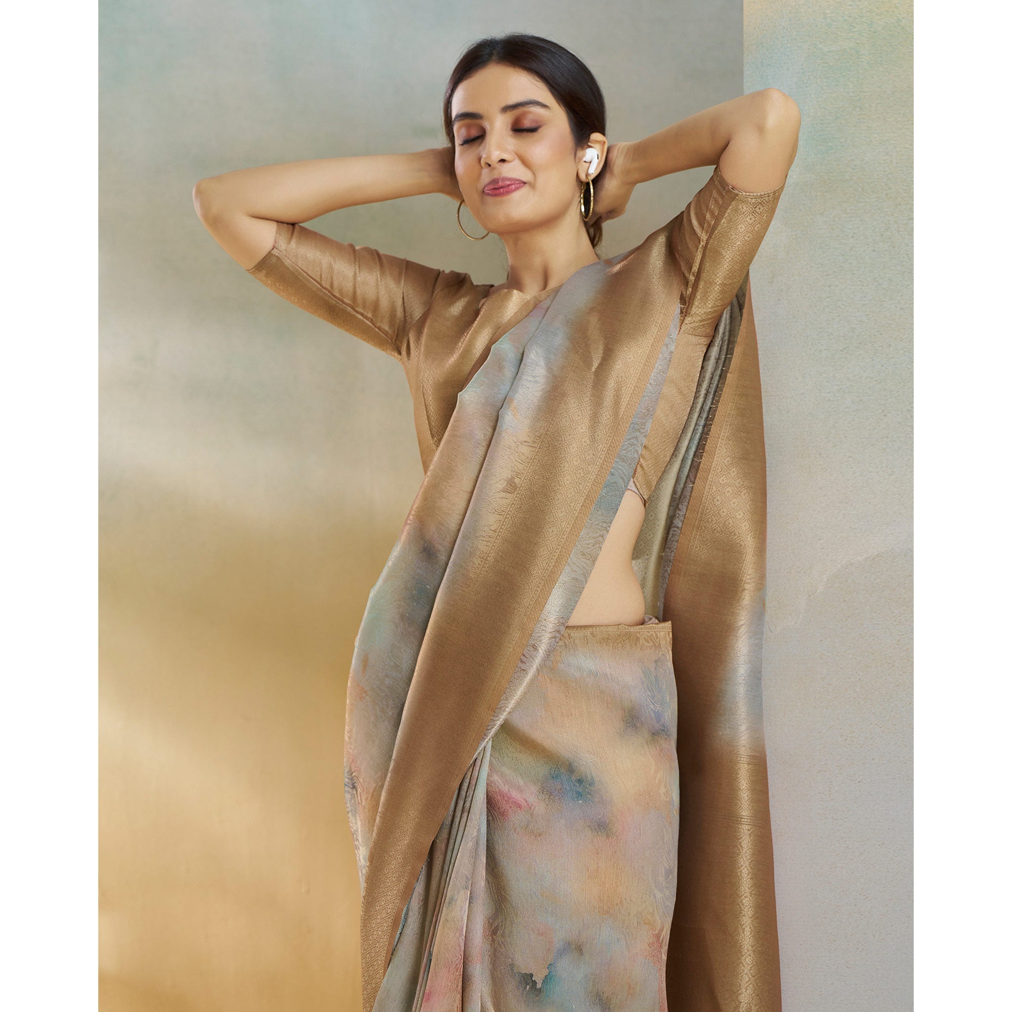 Peachmode Chikoo Woven With Digital Printed Linen Saree - view 6