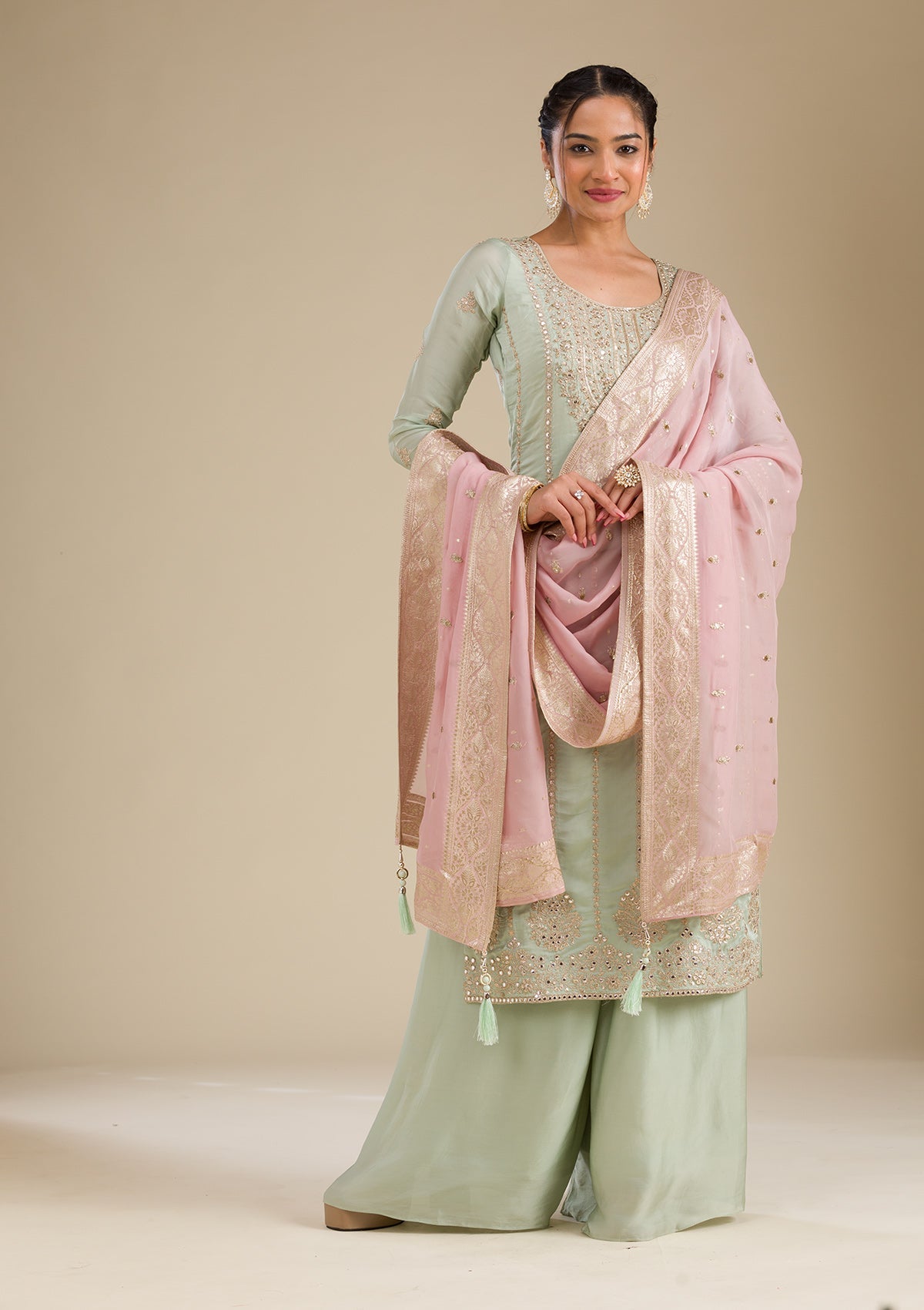 Koskii Sea Green Zariwork Semi Crepe Readymade Salwar Suit