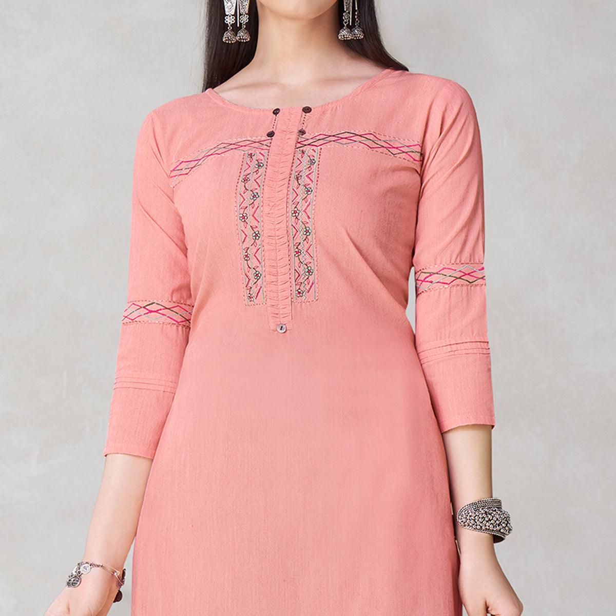 Peachmode Seller Glorious Peach Colored Partywear Embroidered Viscose Kurti - view 2