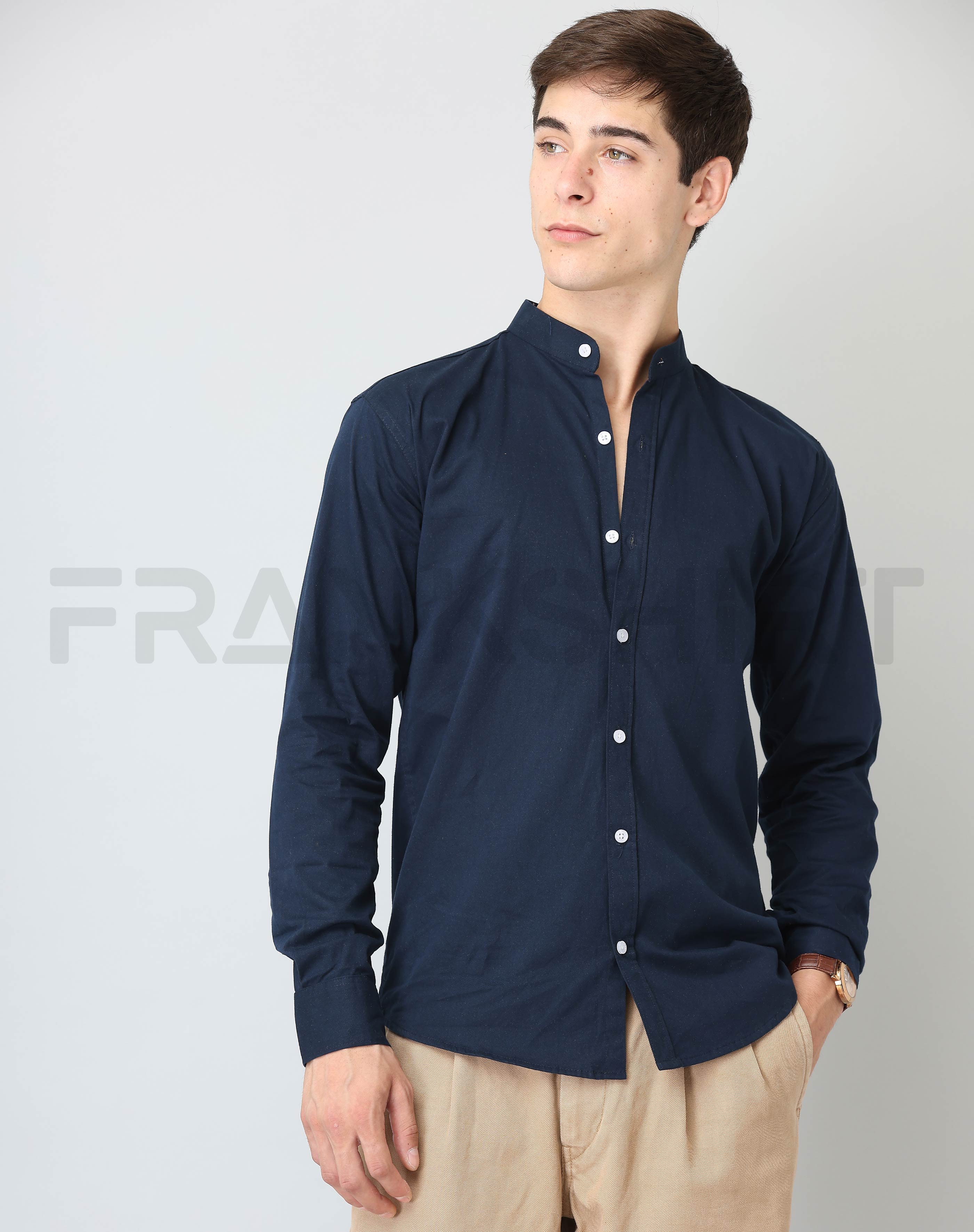 BlackTree Frankshirt Chinese Collar Navy Blue Solid Tailored Fit Cotton Casual Shirt for Man - view 5