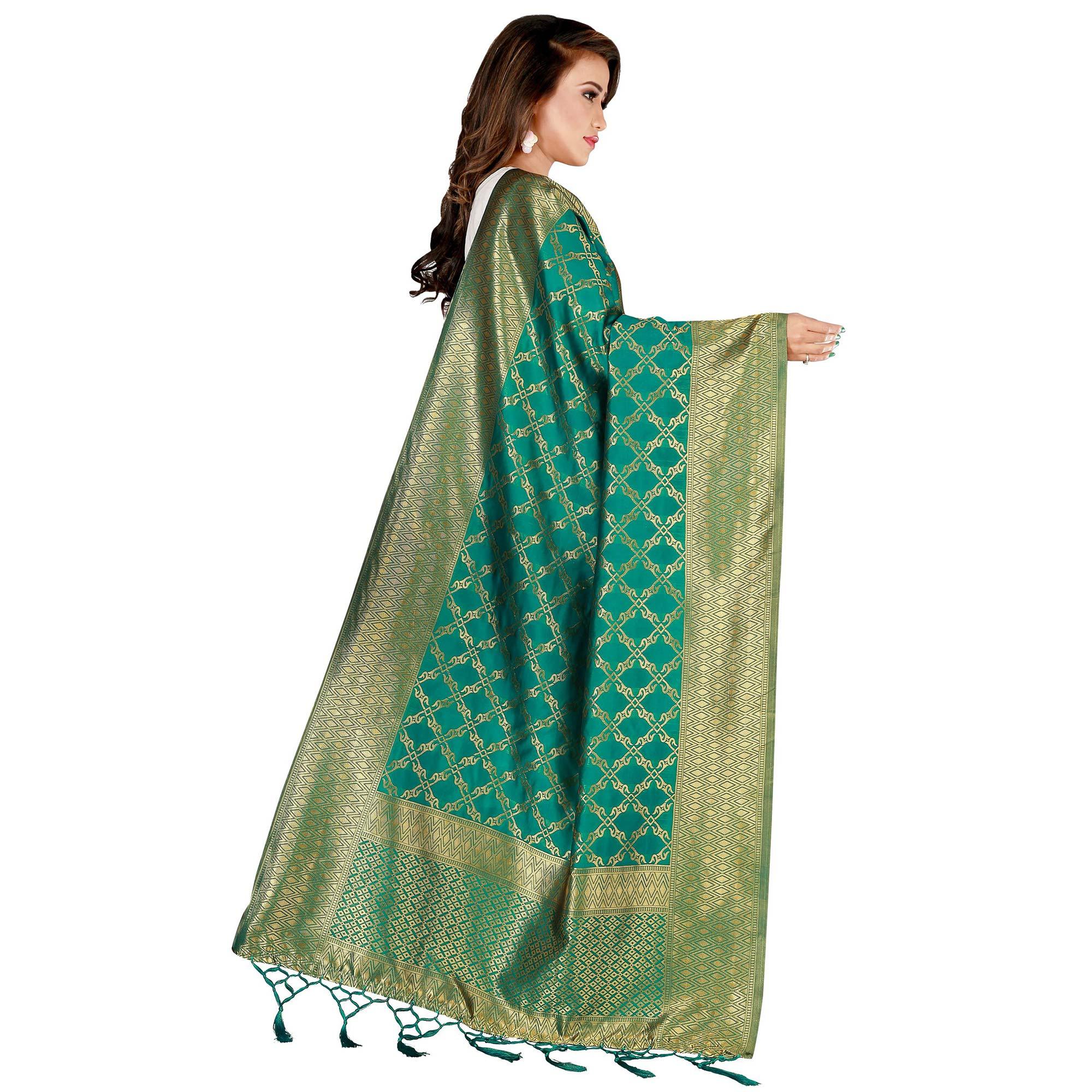 Peachmode Seller Eye-catching Green Colored Festive Wear Banarasi Silk Dupatta - view 3