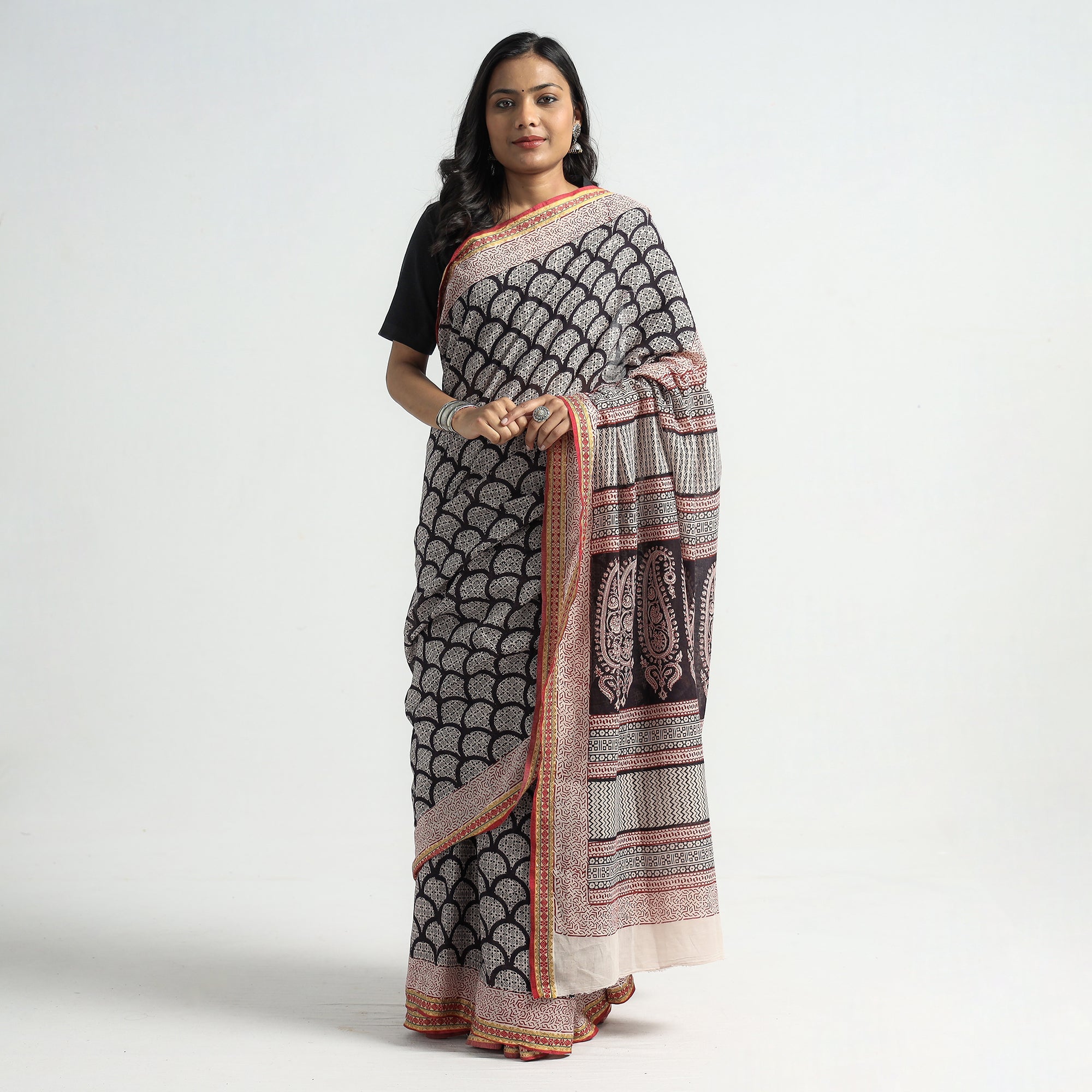 BAGH PRINTS BY MOHAMMED BILAL KHATRI Black - Bagh Hand Block Printed Natural Dyed Cotton Saree with Zari Border