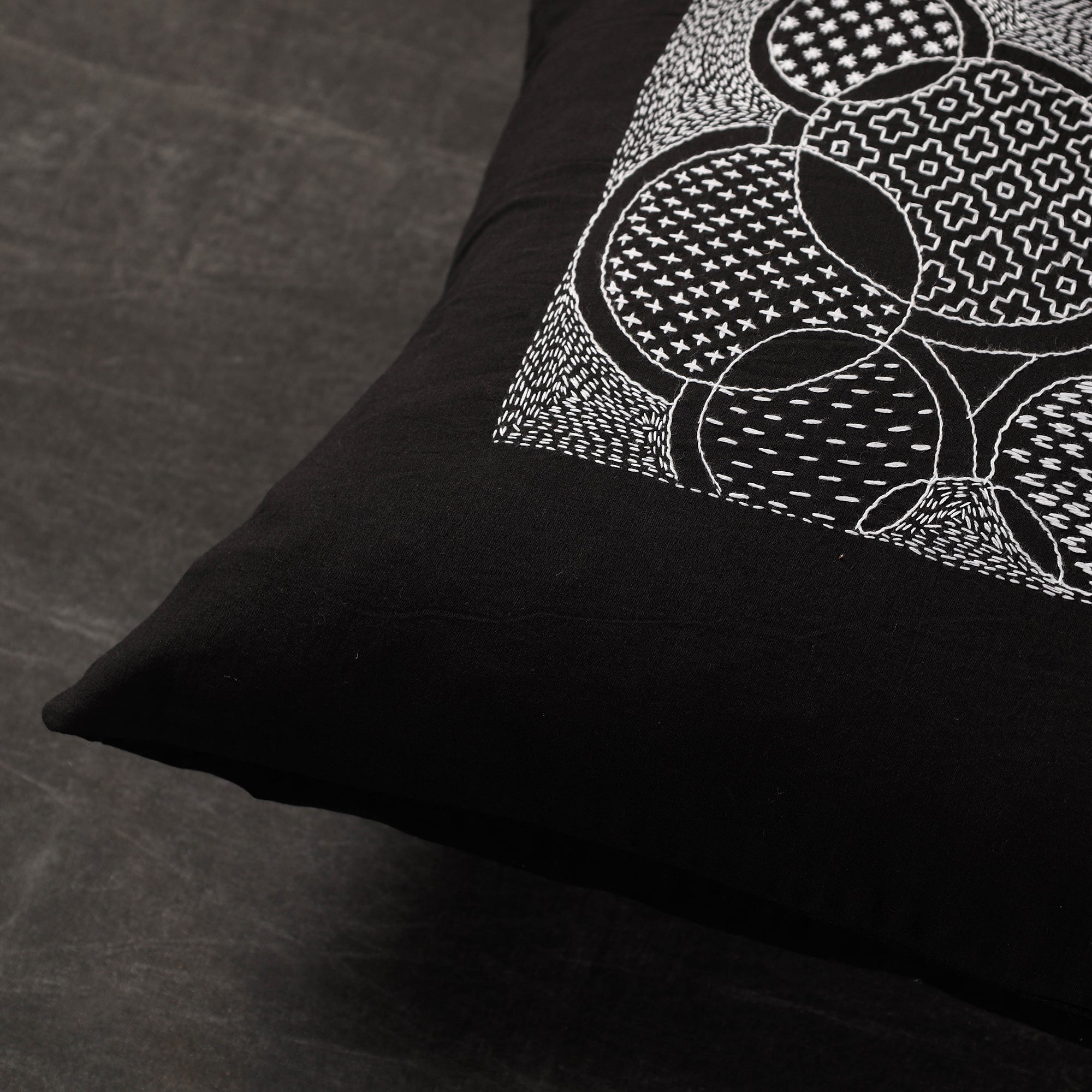 SASHA Black - Sashiko - Kantha Embroidery Handloom Cotton Cushion Cover - (16 x 16 in) - view 2