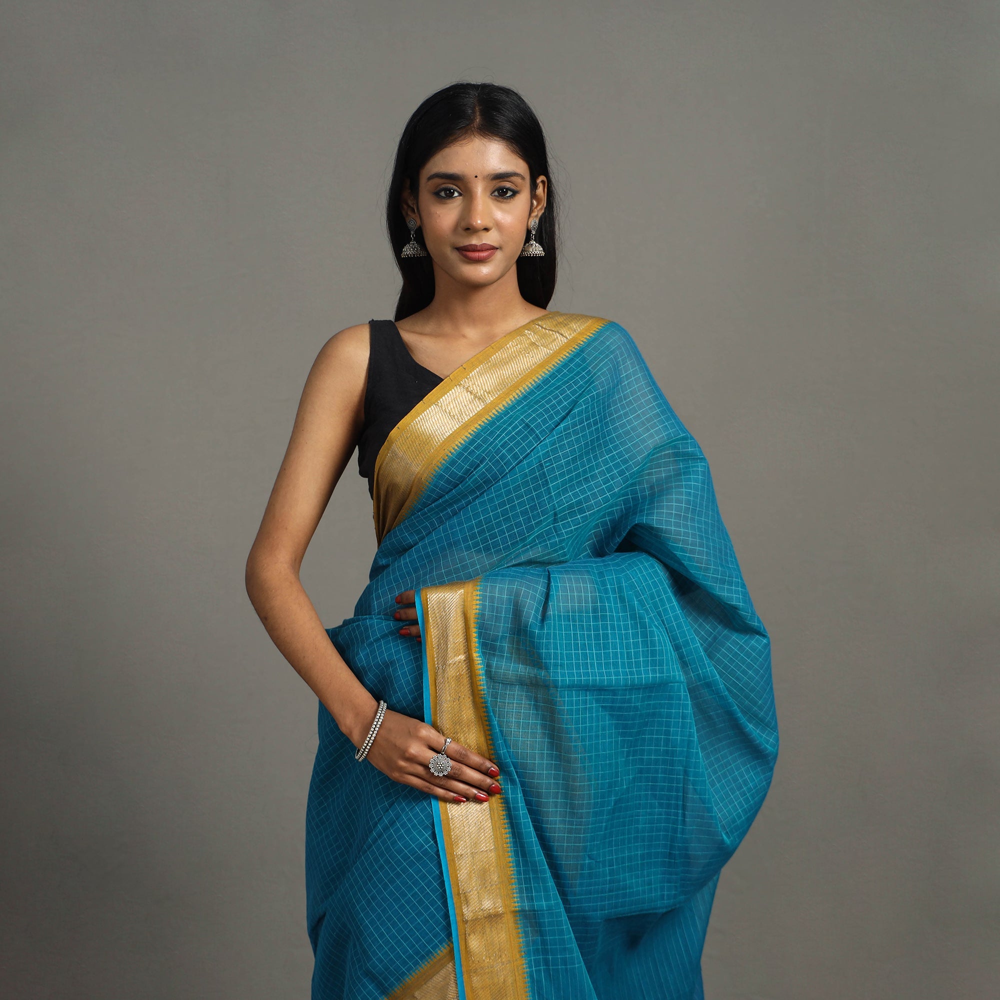 CREYO Blue - Checks Zari Dobby Cotton Handloom Saree 25 - view 4