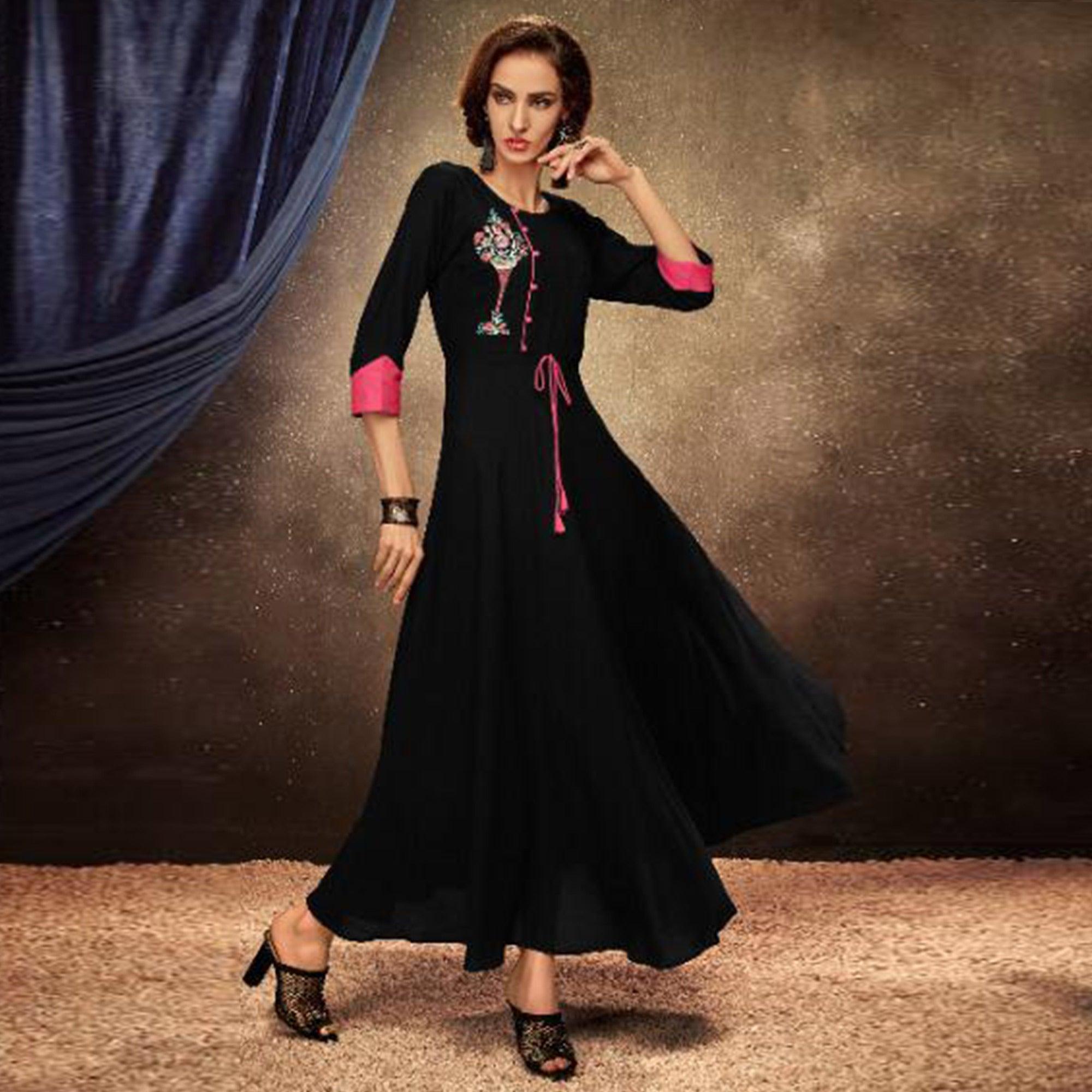 Peachmode Seller Dazzling Black Colored Partywear Embroidered Heavy Rayon Long Kurti