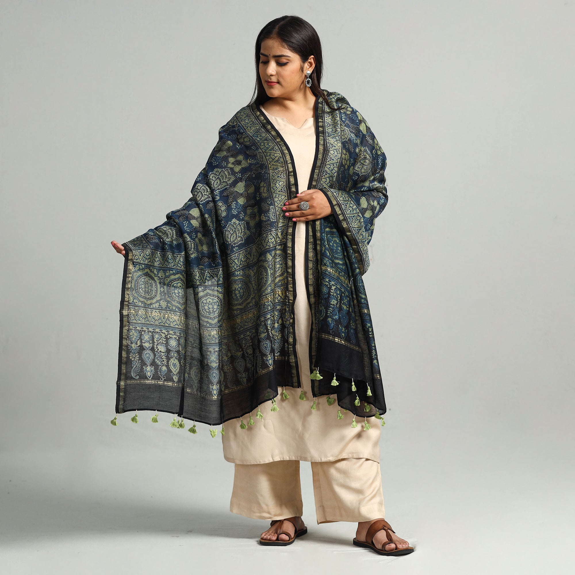 AJRAKH BY SUFIYAN ISMAIL KHATRI Blue - Block Printed Chanderi Silk Handloom Ajrakh Dupatta 05 - view 2