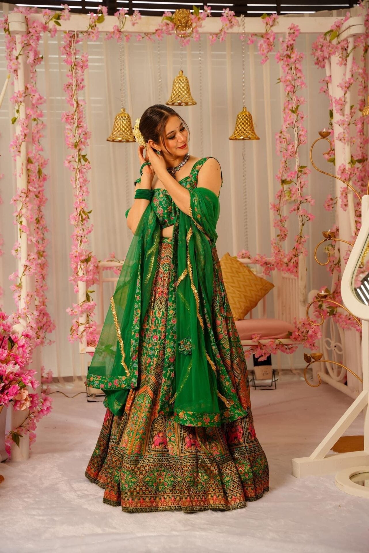Idaho-o Peacock green silk lehenga set – Women's