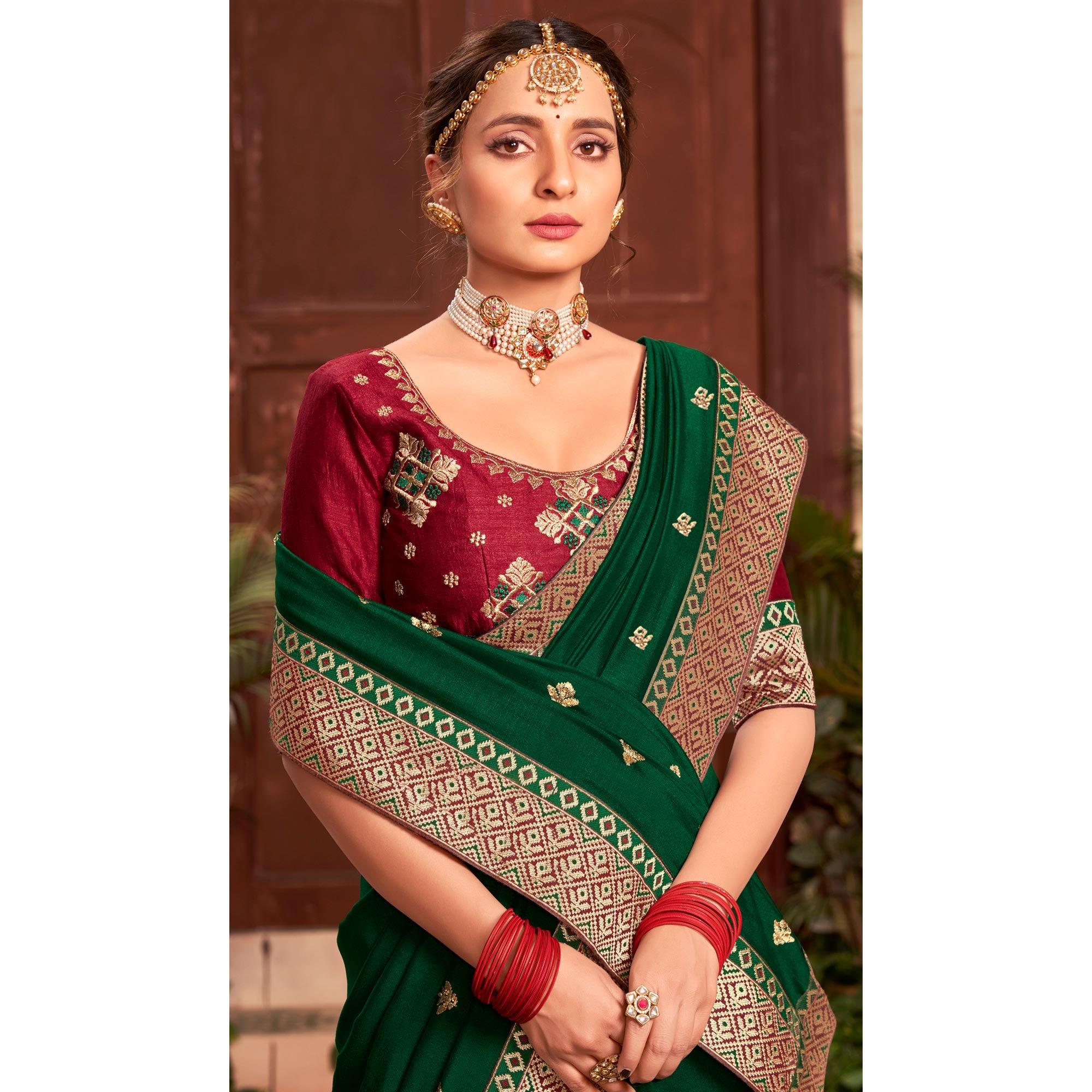 Peachmode Bottle Green Embroidered With Embellished Vichitra Silk Saree - view 5