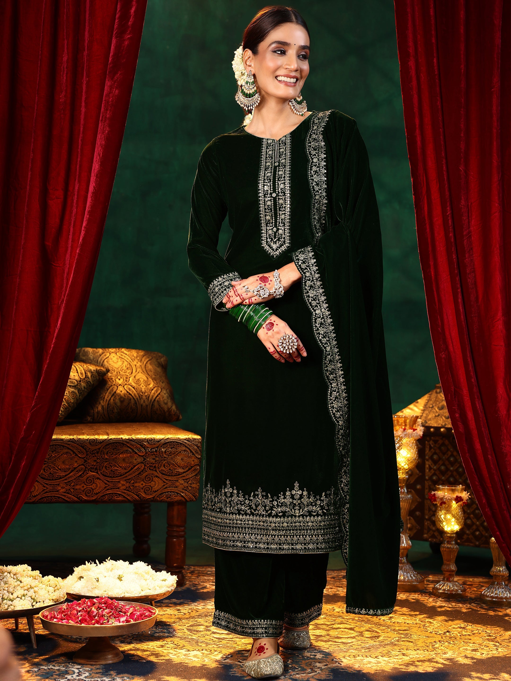 Libas Green Embroidered Velvet Straight Suit With Dupatta - view 2