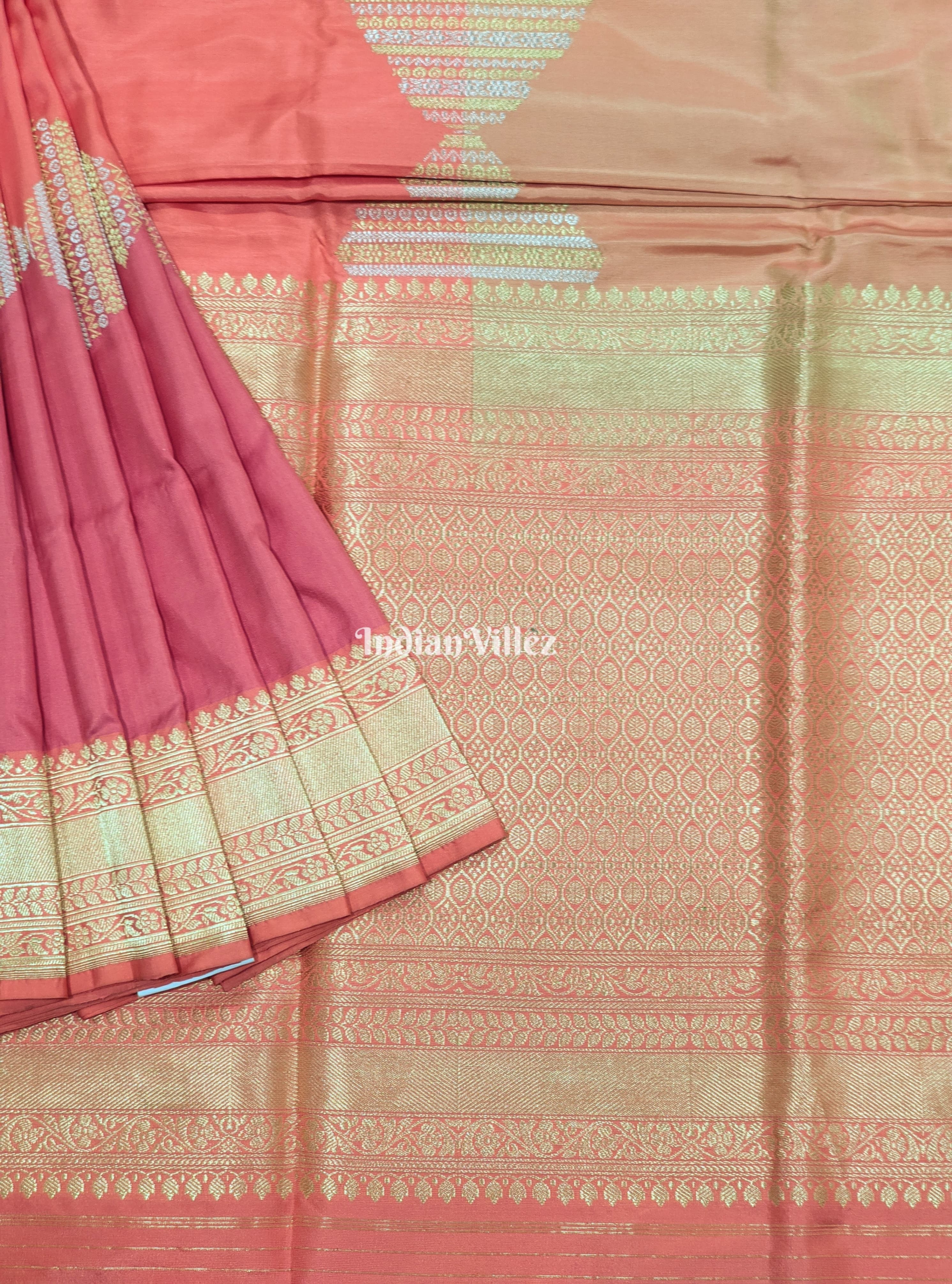 IndianVillèz Peach Pink Rangkaat Banarasi Katan Silk Saree