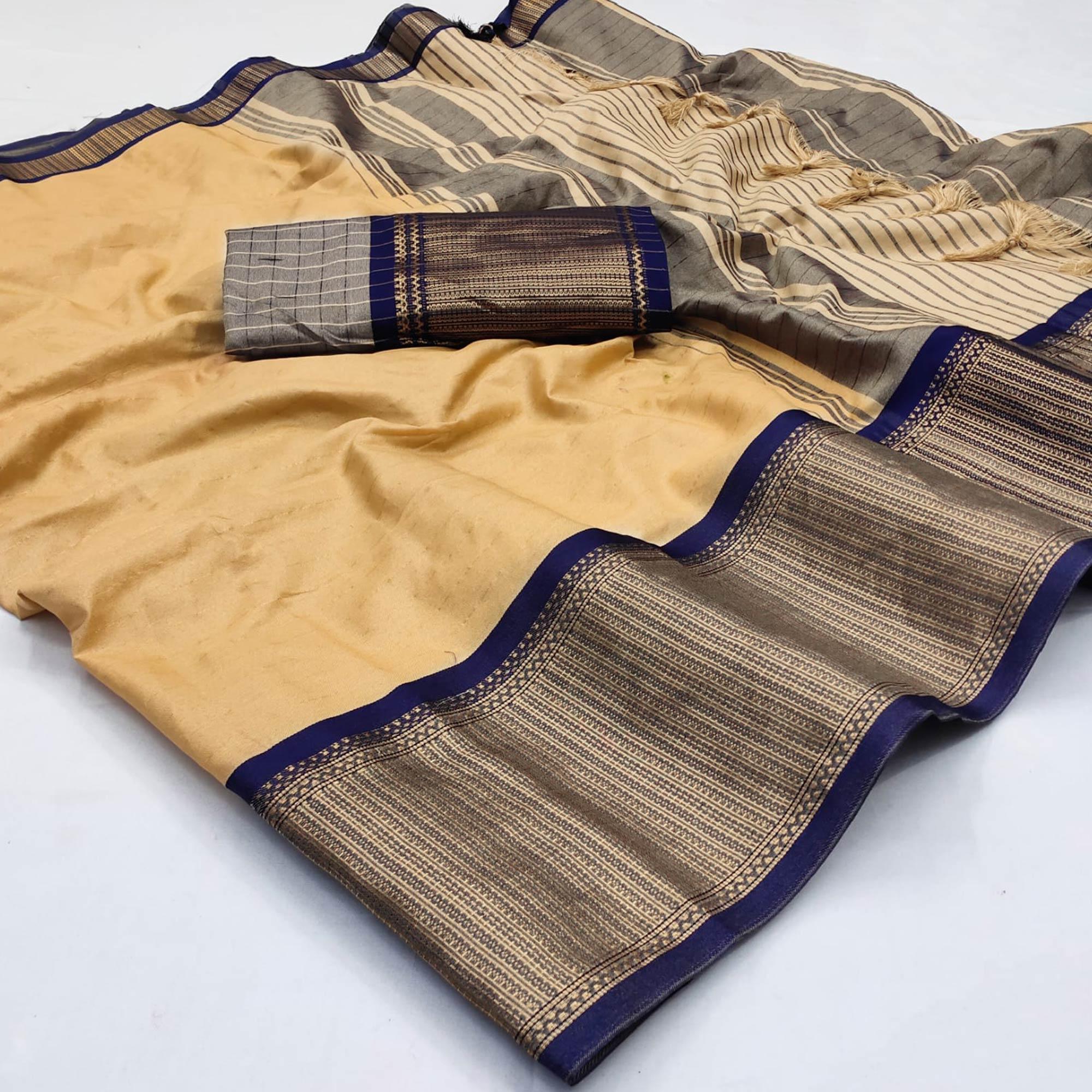 Peachmode Chikoo Woven Cotton Silk Saree – Women's