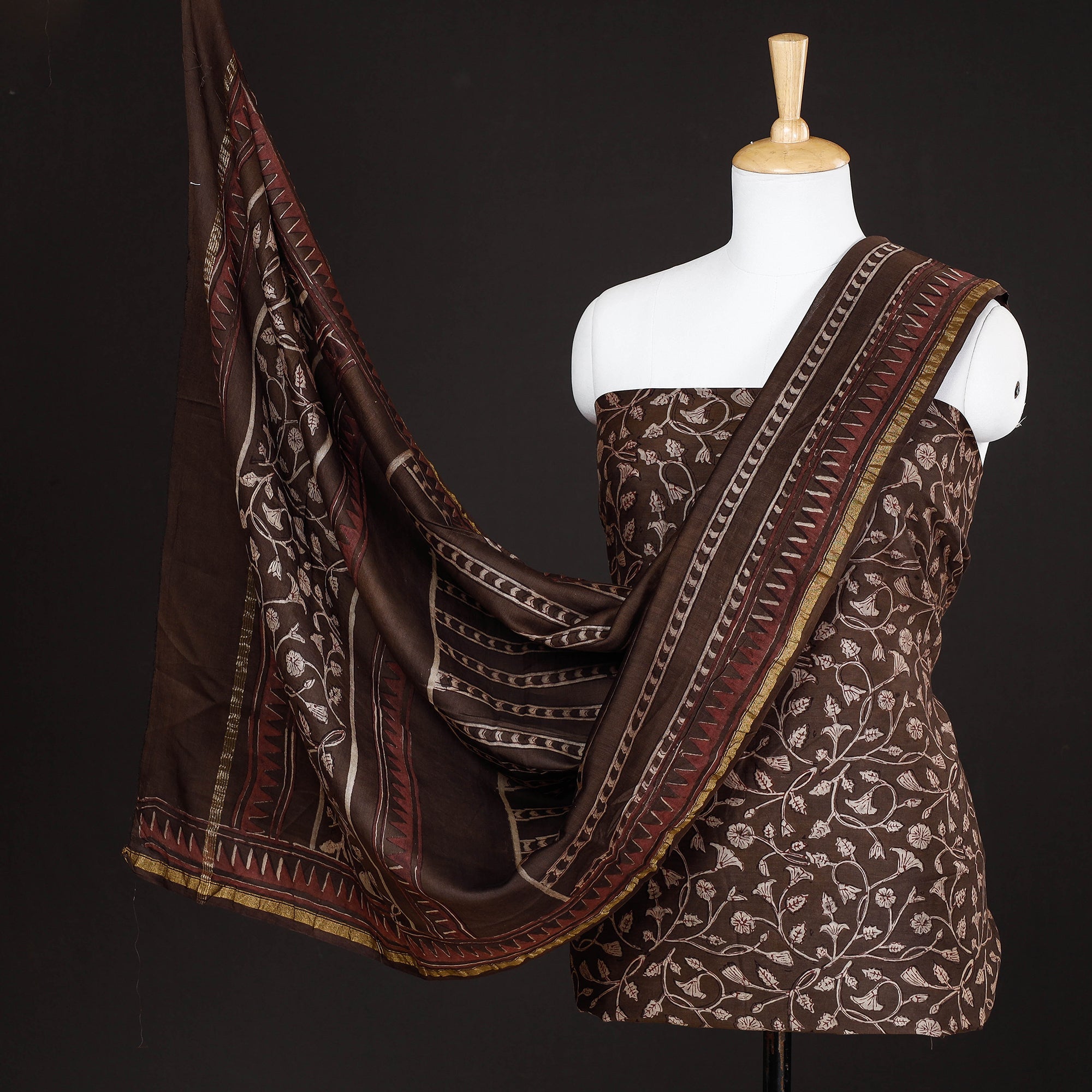 HAVELI CHRONICLES Brown - 3pc Akola Block Printed Chanderi Silk Suit Material Set