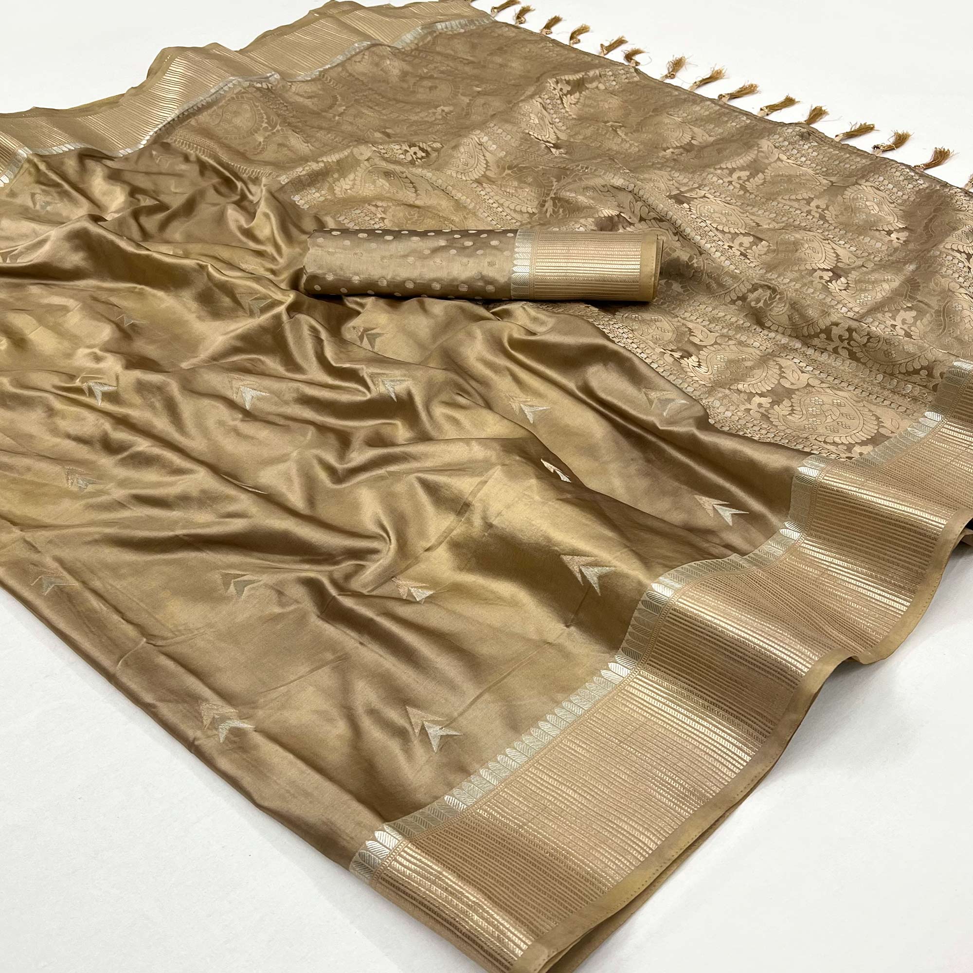 Peachmode Chikoo Woven Satin Silk Saree With Tassels