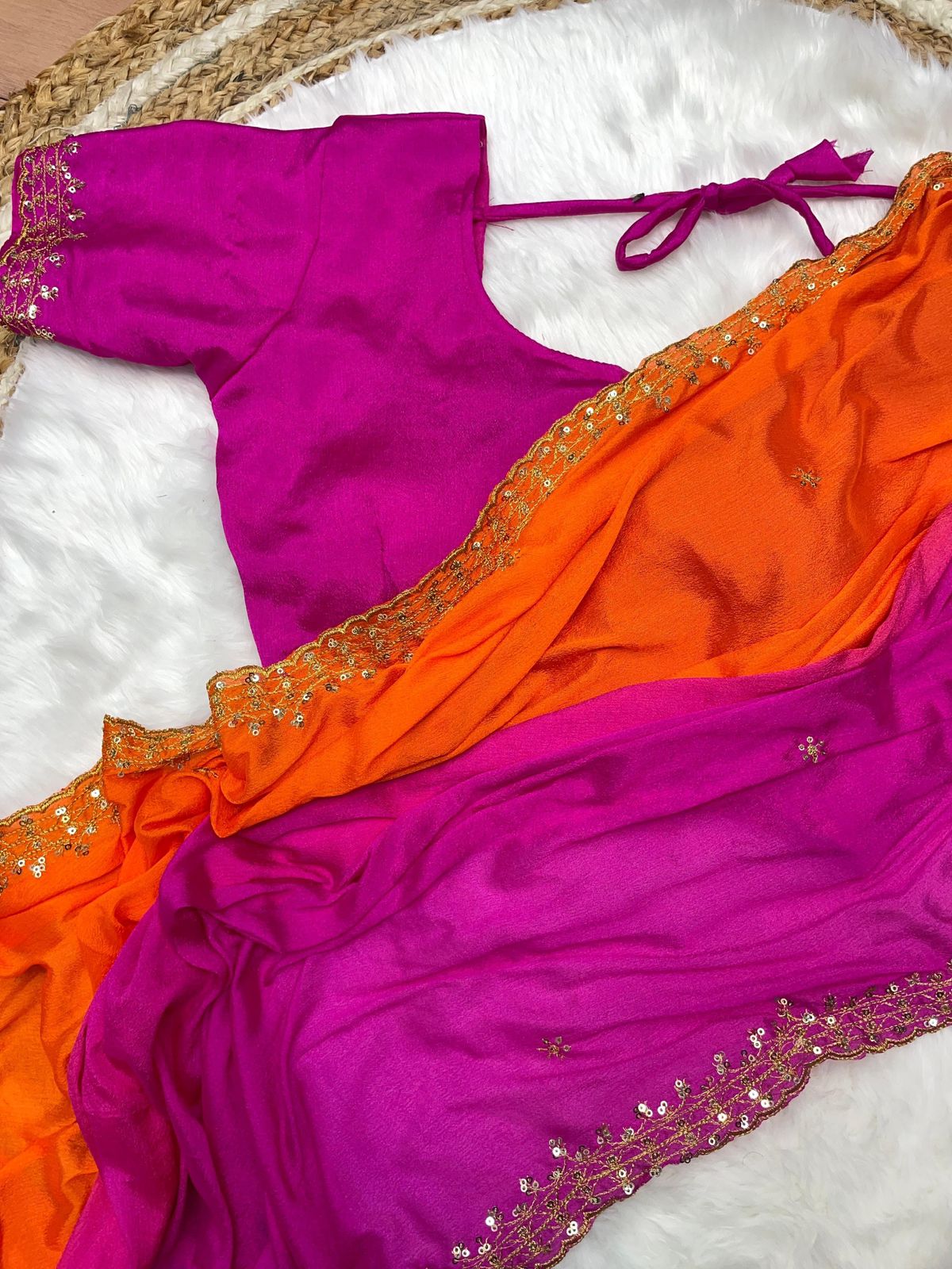 ClothsVilla Orange and Pink Soft Hand-Dyed Chinnon Saree with Heavy Embroidery, Sequence, and Jari Work