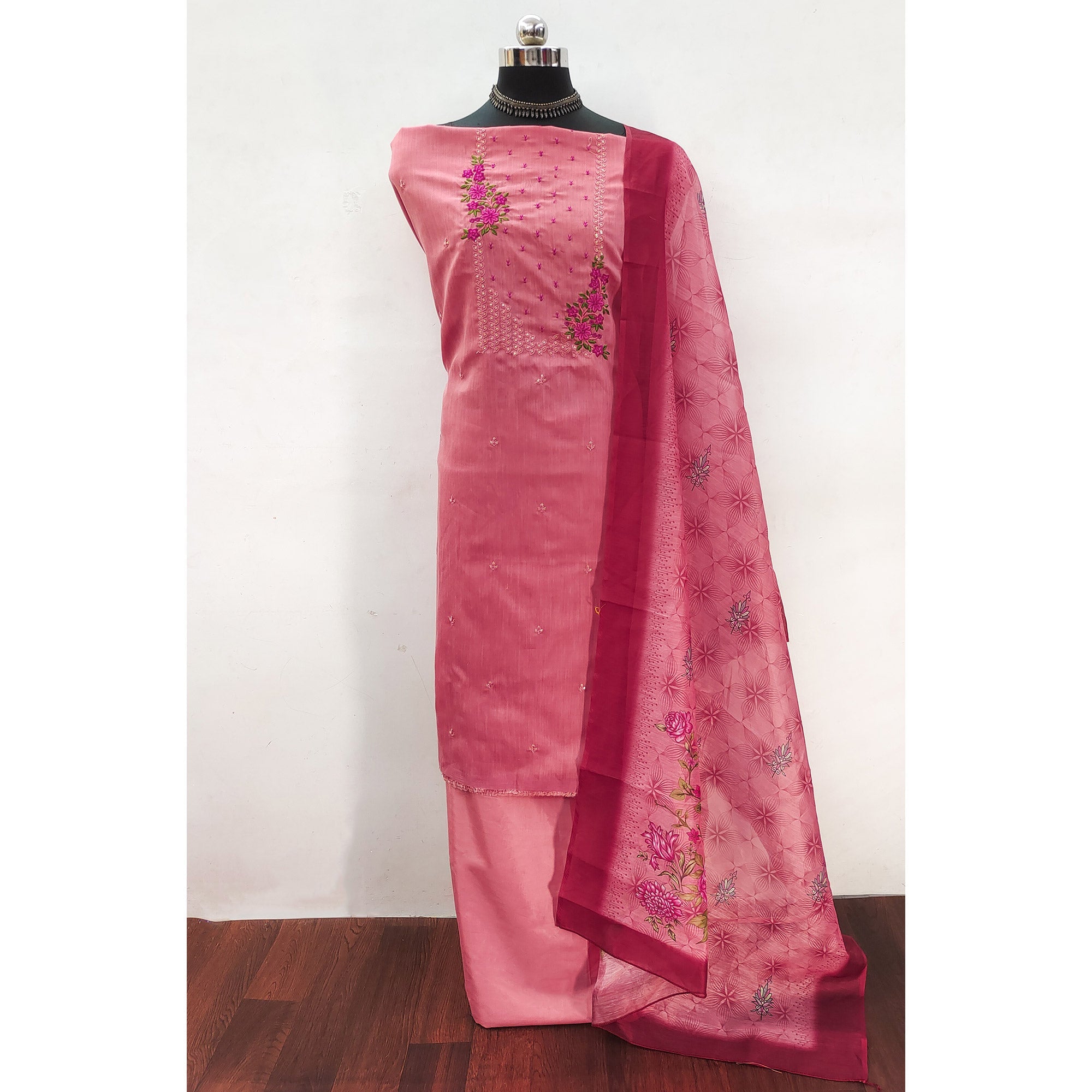 Peachmode Dark Peach Floral Embroidered Cotton Blend Dress Material - view 3