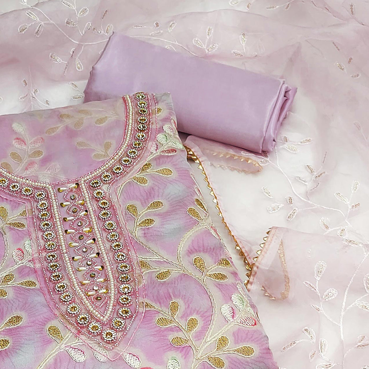 Peachmode Light Purple Embroidered Organza Dress Material - view 2