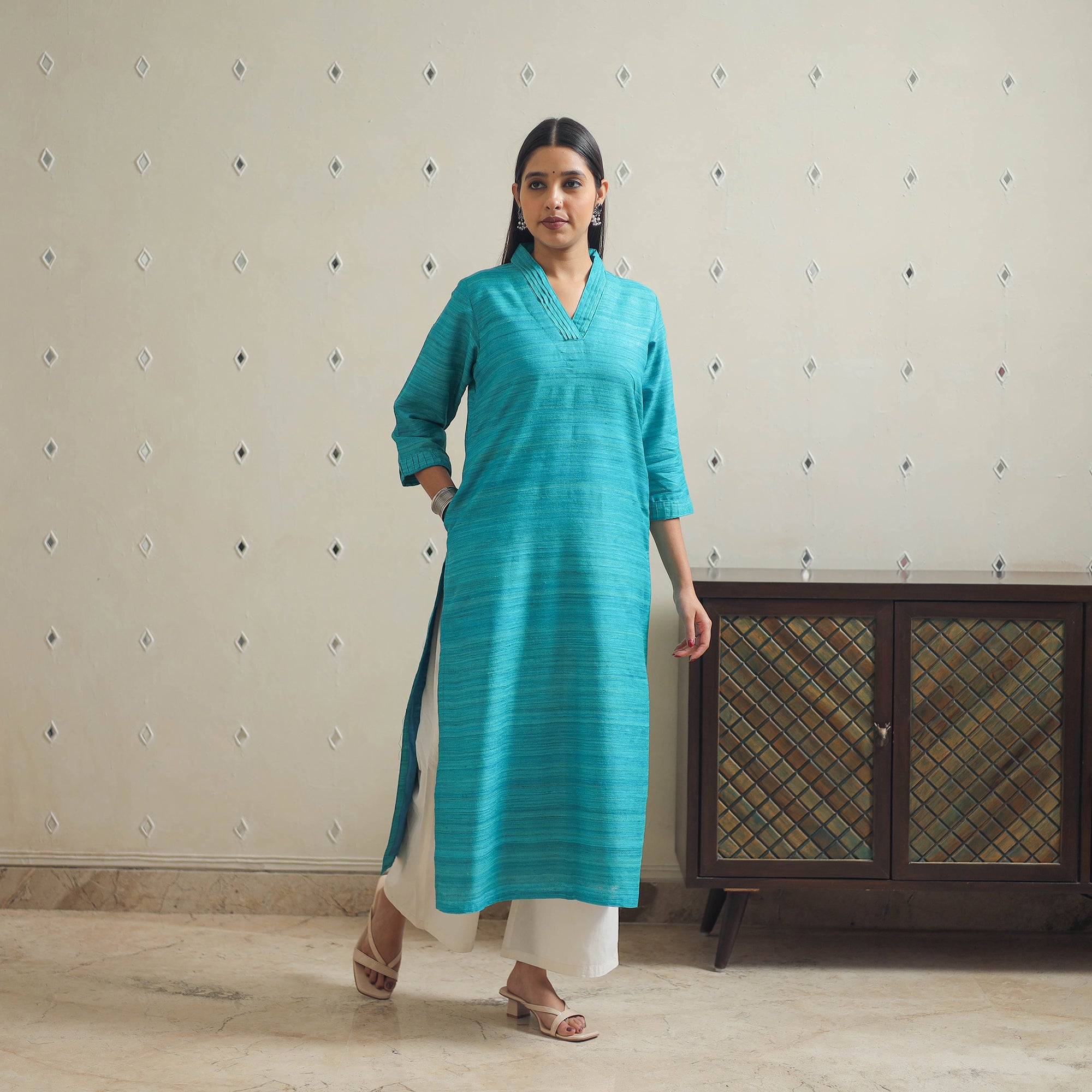 ITOKRI CASUALS Blue - Bhagalpuri Handwoven Desi Tussar Silk Plain Kurta 10 - view 2