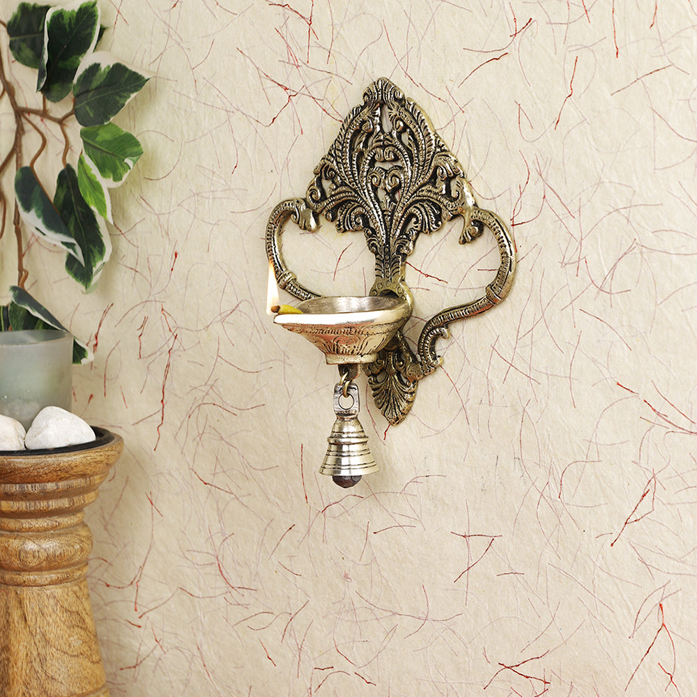 BAMBOO TREE JEWELS Antique Brass Metal Handcrafted Wall Hanging Diya with Bell (3.6 x 6.6 in)