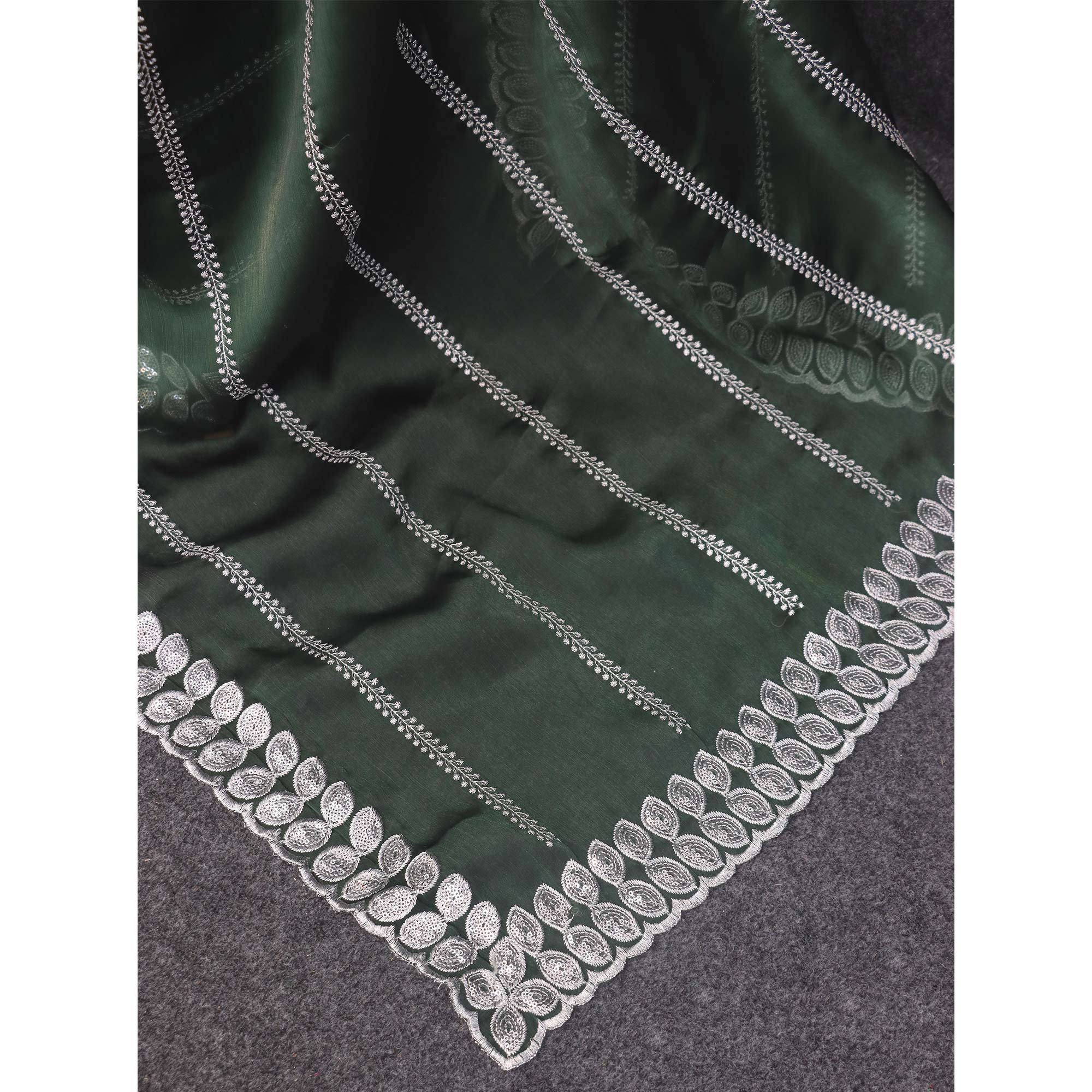 Peachmode Bottle Green Sequins Embroidered Chiffon Silk Saree - view 6