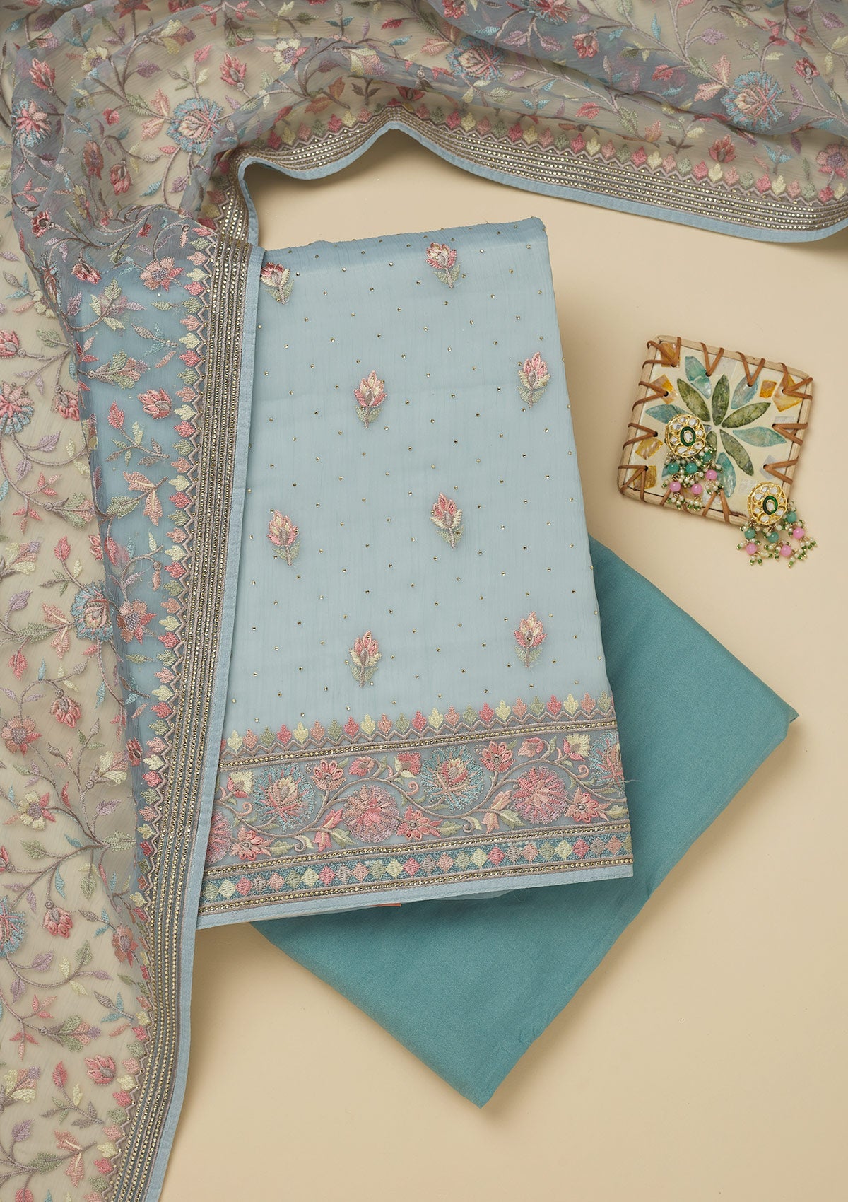 Koskii Sky Blue Threadwork Chiffon Unstitched Salwar Suit