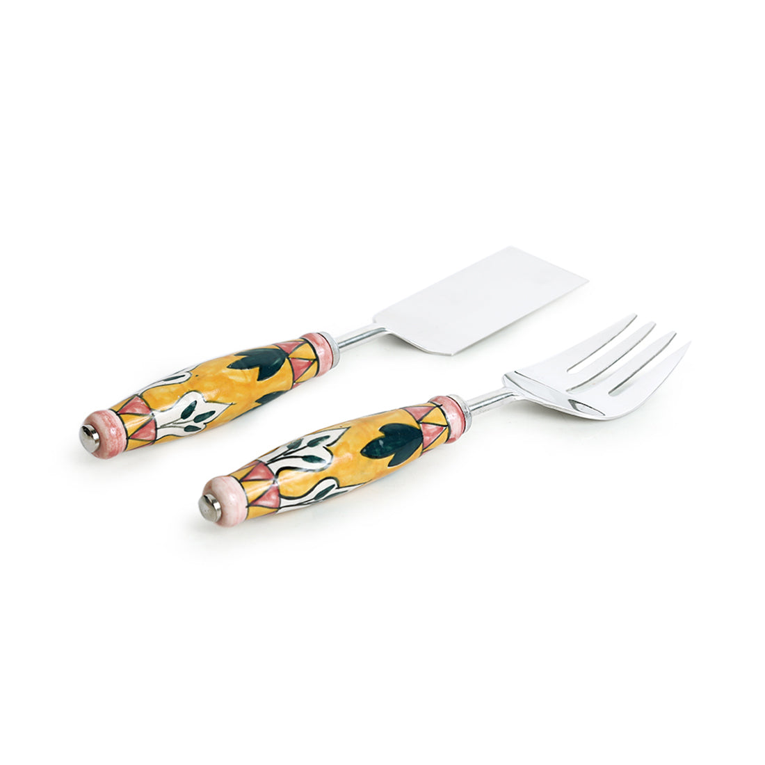 EXCLUSIVELANE 'The Mughal Patti' Handpainted Serving Fork & Scraper In Stainless Steel & Ceramic (Set of 2) - view 2