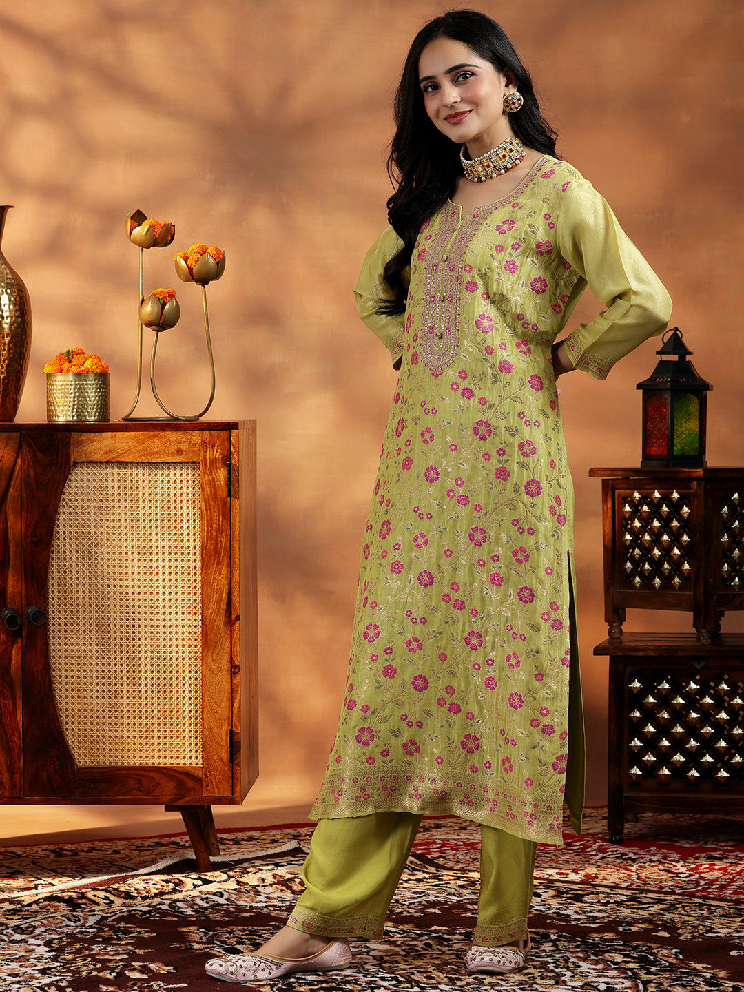 Libas Green Woven Design Silk Blend Straight Suit With Dupatta - view 2