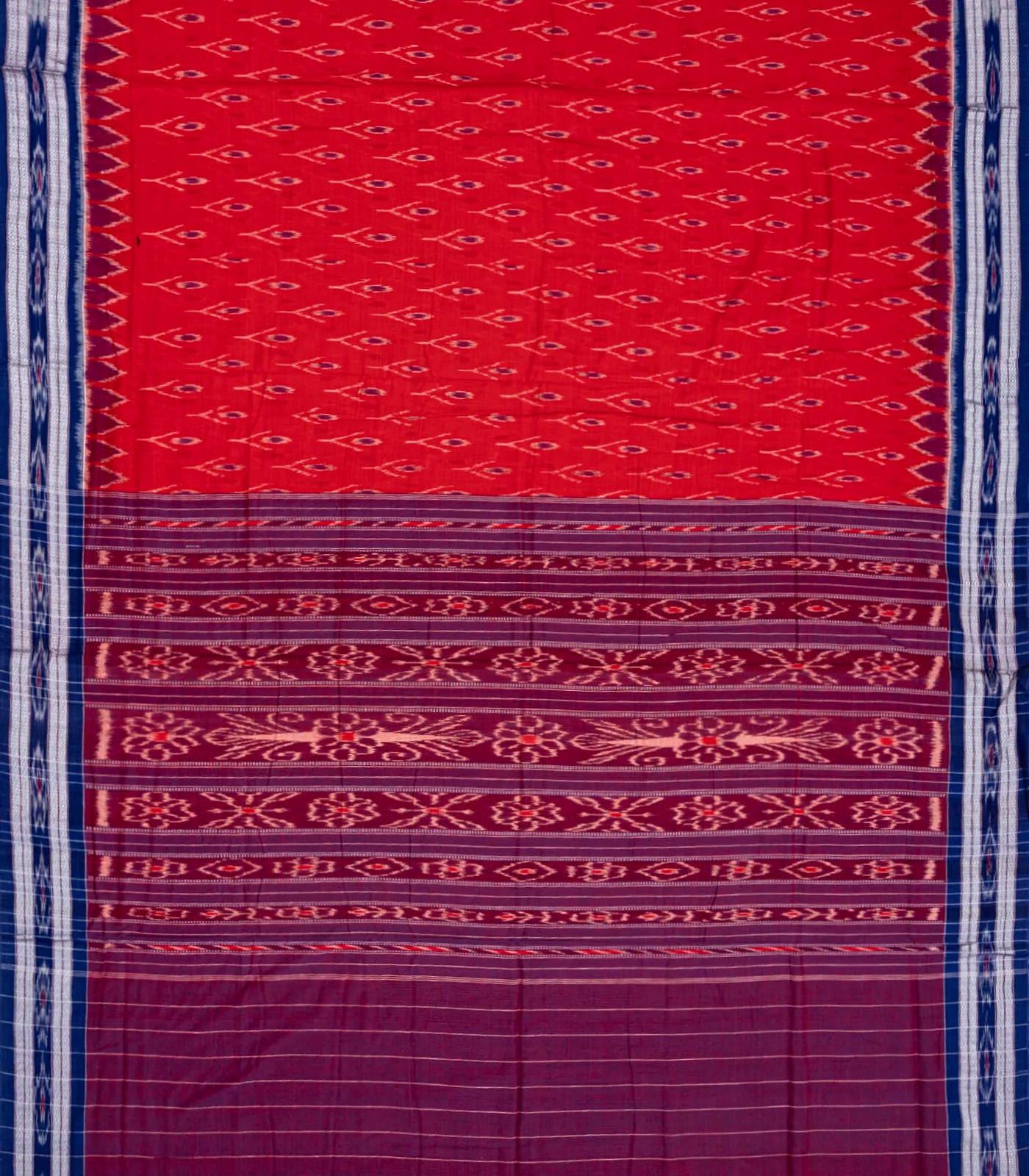RmKV Red Orissa Cotton Saree With Tie & Dye Motifs & Contrast Navy Blue Border - view 2
