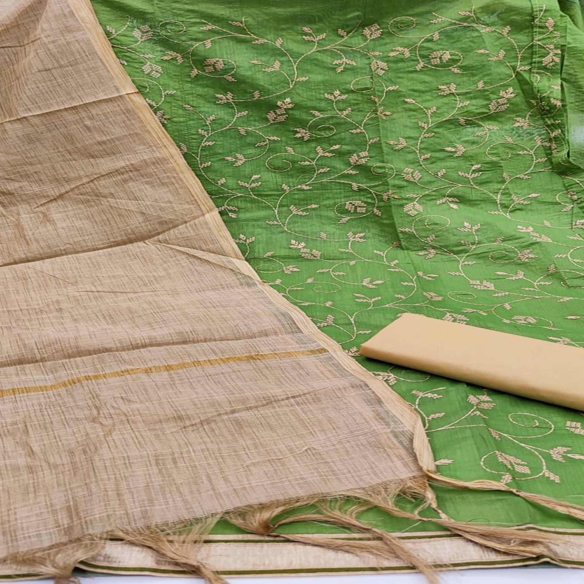 Peachmode Eye-catching Mehendi Green Colored Casual Wear Embroidered Chanderi Dress Material - view 2