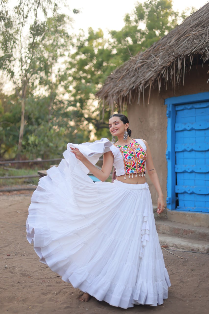 ClothsVilla White Traditional Reyon Lehenga Set with Embroidered Blouse and Koti - view 2