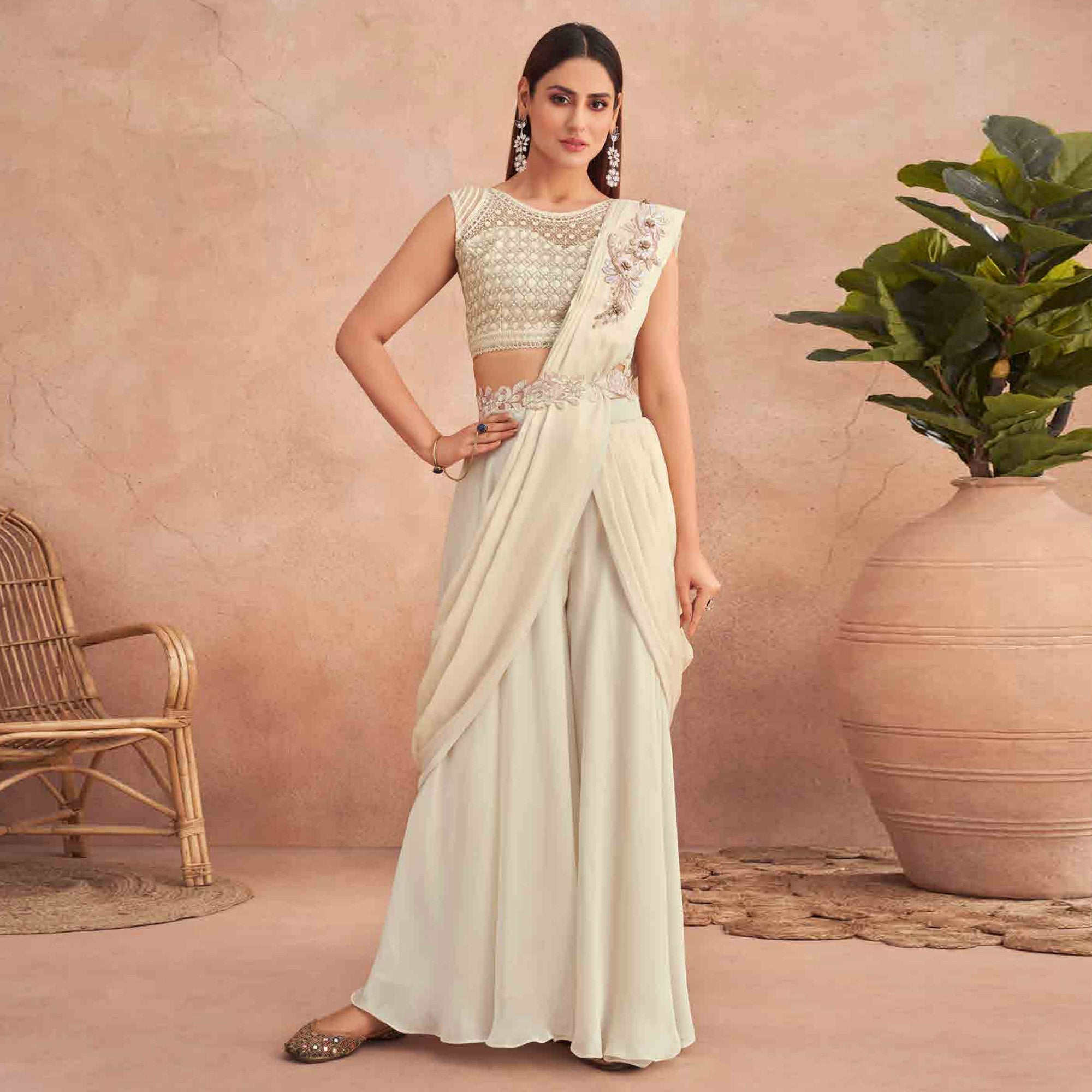 Peachmode Seller Cream Sequins Embroidered Ready to Wear Poly Satin Saree - view 2
