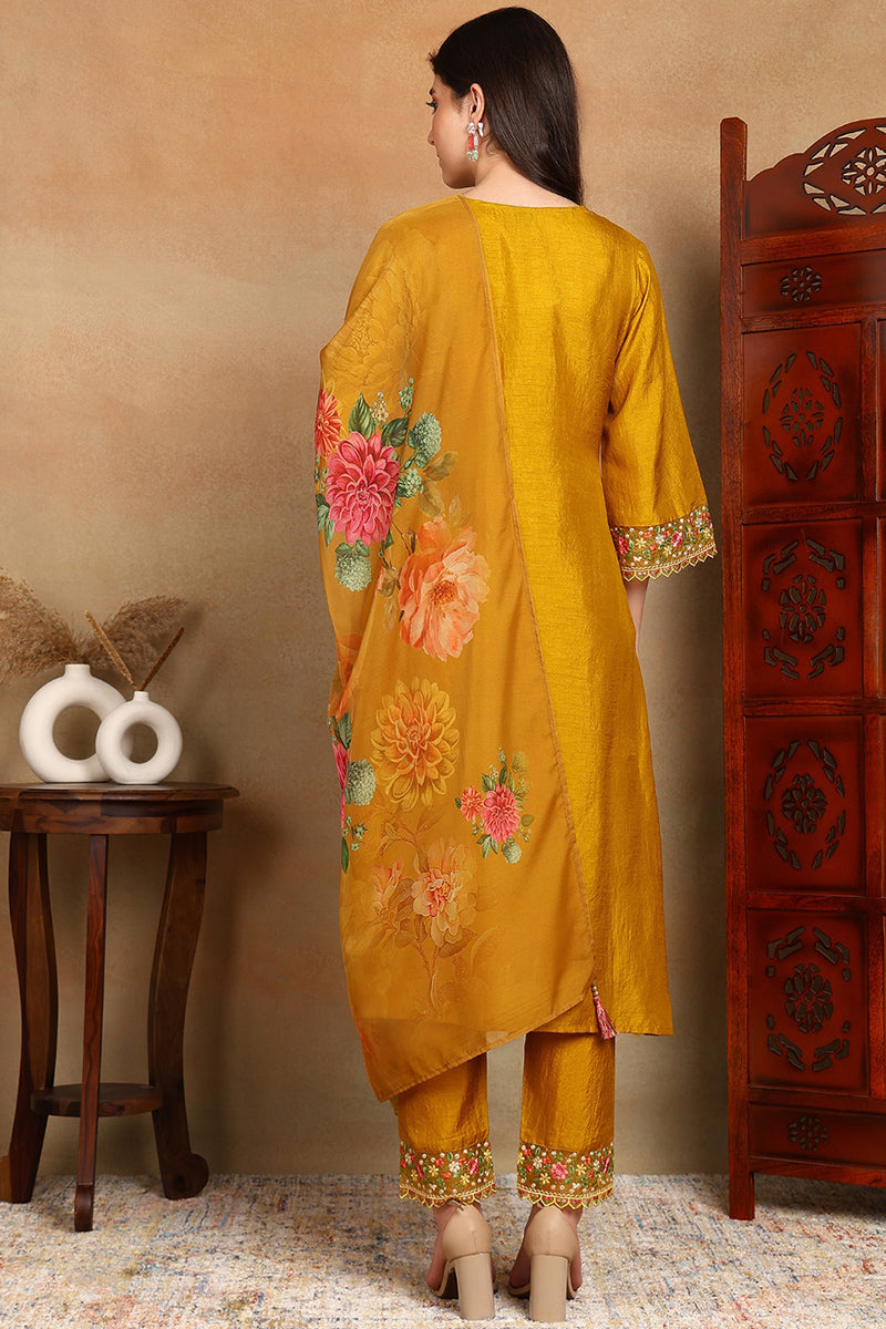 Ahika Mustard Yellow Silk Blend Solid Embroidered Straight Trouser Bottom Suit Set PKSKD2475 - view 4