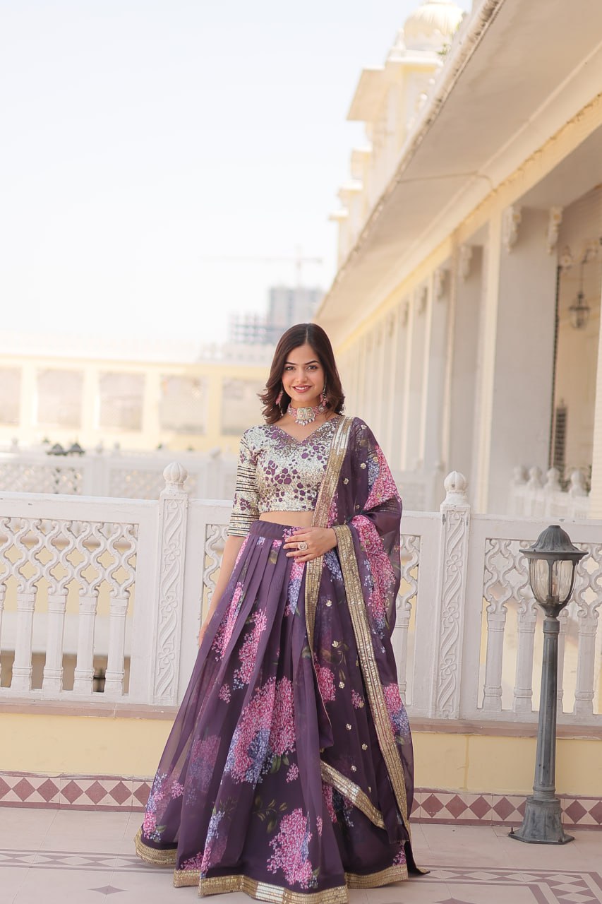 ClothsVilla Wine Exquisite Women's Fully Flaired Lehenga Set in Digital Printed Russian Silk with Sequins Embroidery - view 4