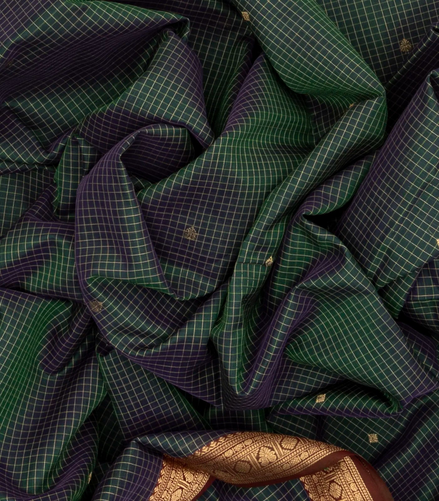 RmKV Bottle Green Handloom Silk Cotton Saree With Checks & Buttas - view 3
