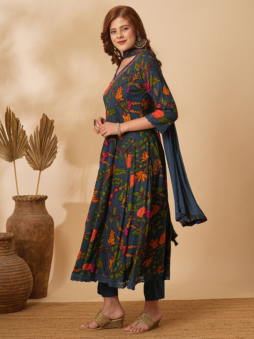 Fashor Floral Printed Mirror Embroidered Anarkali with Pant & Dupatta - Sea Green - view 4