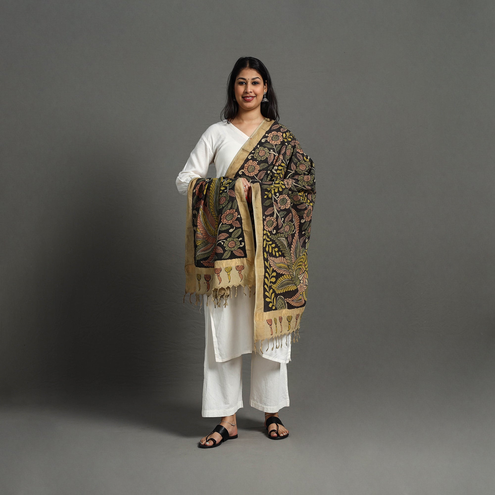 SOUTH KARGHA Black - Mangalagiri Cotton Handpainted Pen Work Kalamkari Dupatta 18 - view 3